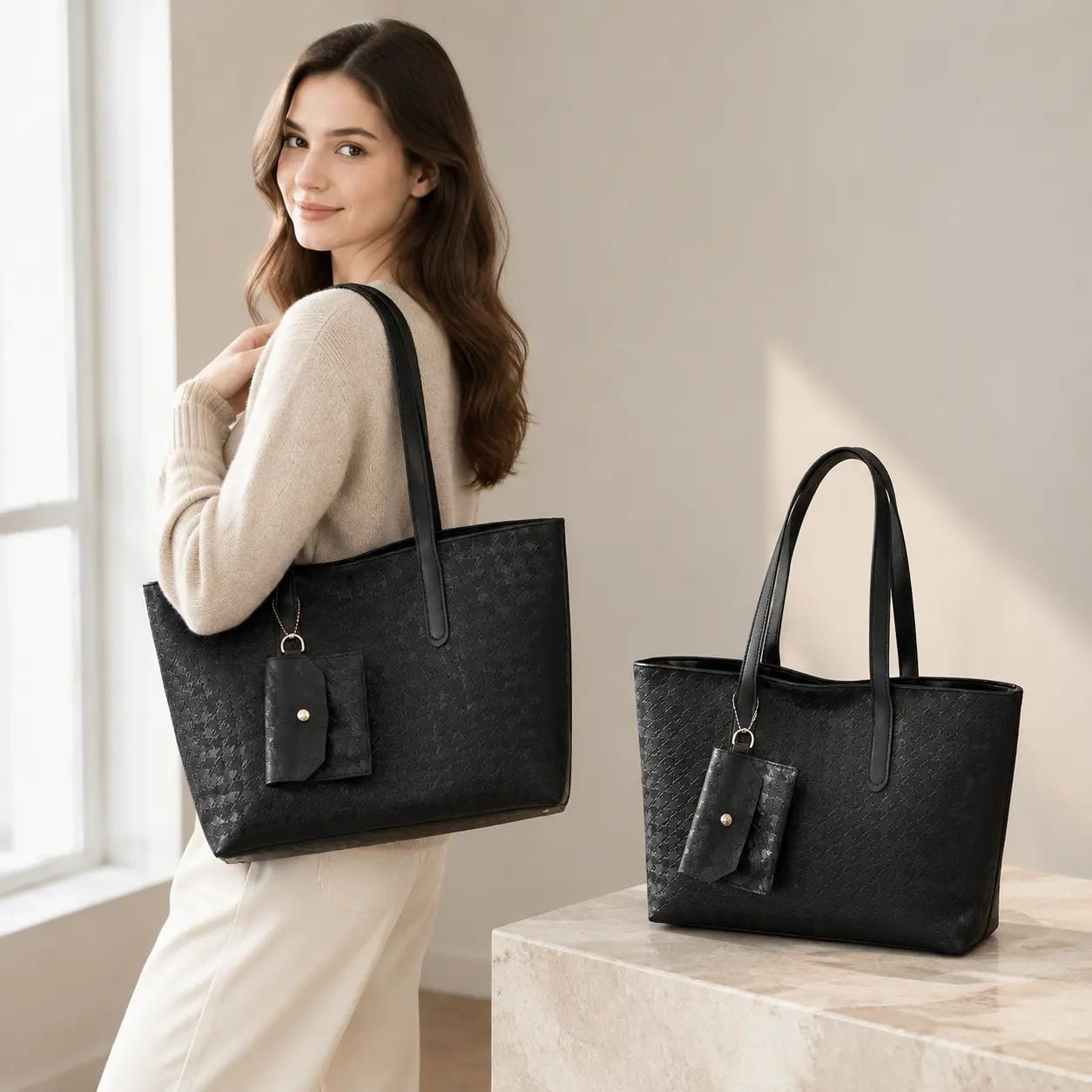 Women's Large PU Tote Bags - Bucket Handbag with Zip Closure, Soft Structure, Phone Pocket, Inner Patch Pocket for Daily Styling, Work, Travel Carryall