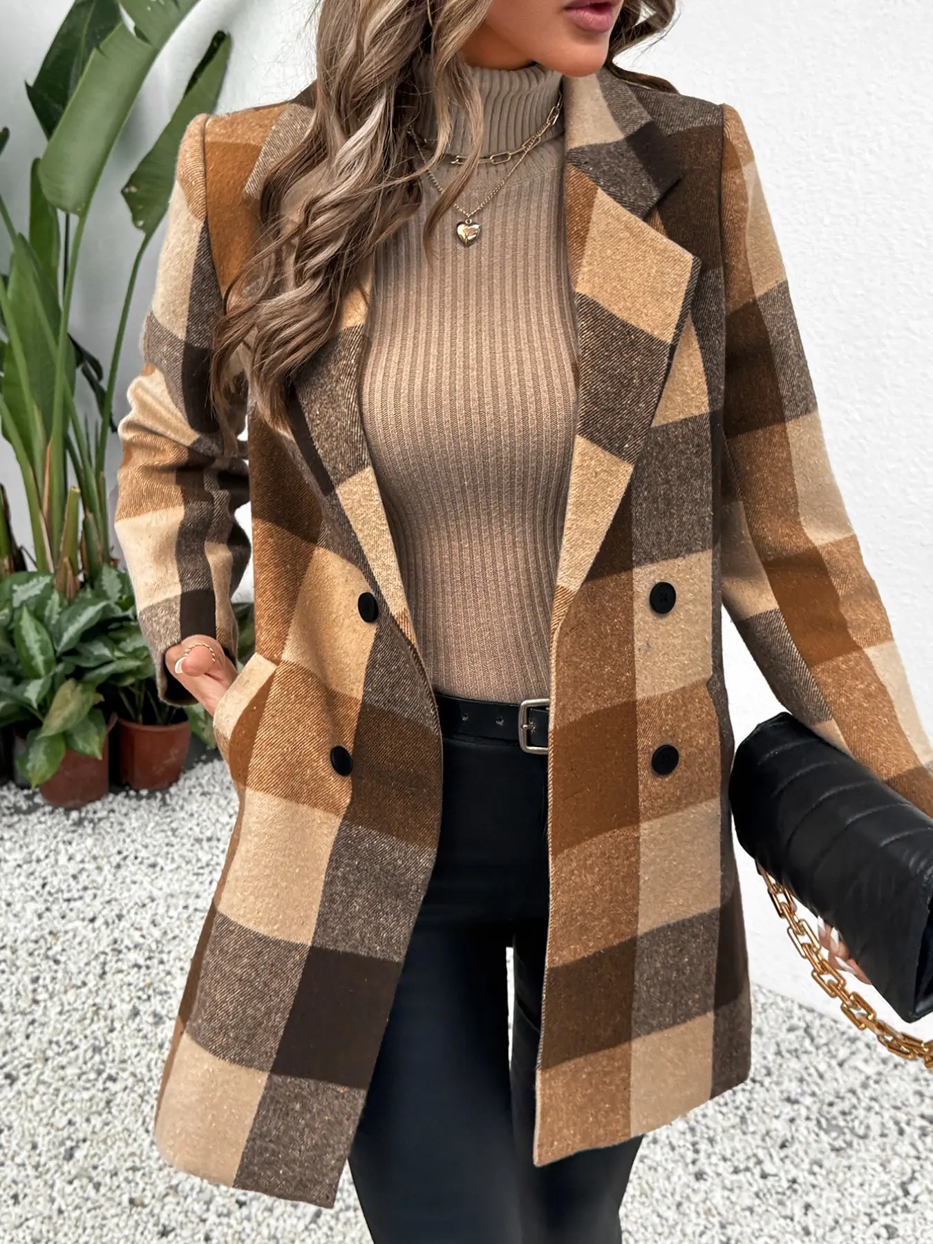 Women's Vintage Plaid Mid-Length Coat, Suit Jacket Notch Lapel, Double-Breasted Loose Woolen Outerwear, Casual Commute Windbreaker