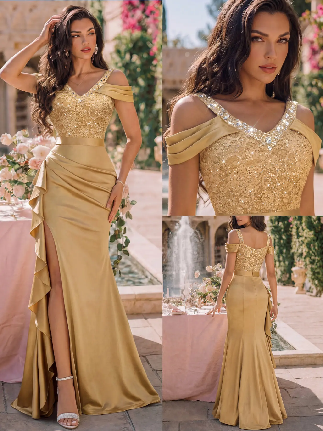 MIUSOL Women's Cold-Shoulder Maxi Dress, Sequin Floral Lace with Contrast Satin, Draped Side-Pleated Ruffle Formal Evening Gown, for Wedding Guest, Graduation and Formal Dinner Party