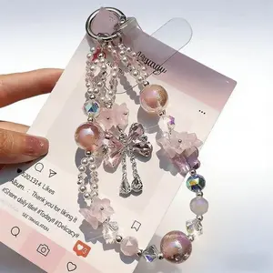 Handmade Colorful Beaded Bow Mobile Phone Wrist Strap with Crystal Tassel Charm - Universal Bag Accessory for Smartphone, Cellphone, iPhone, Android Devices, Women’s Daily Use