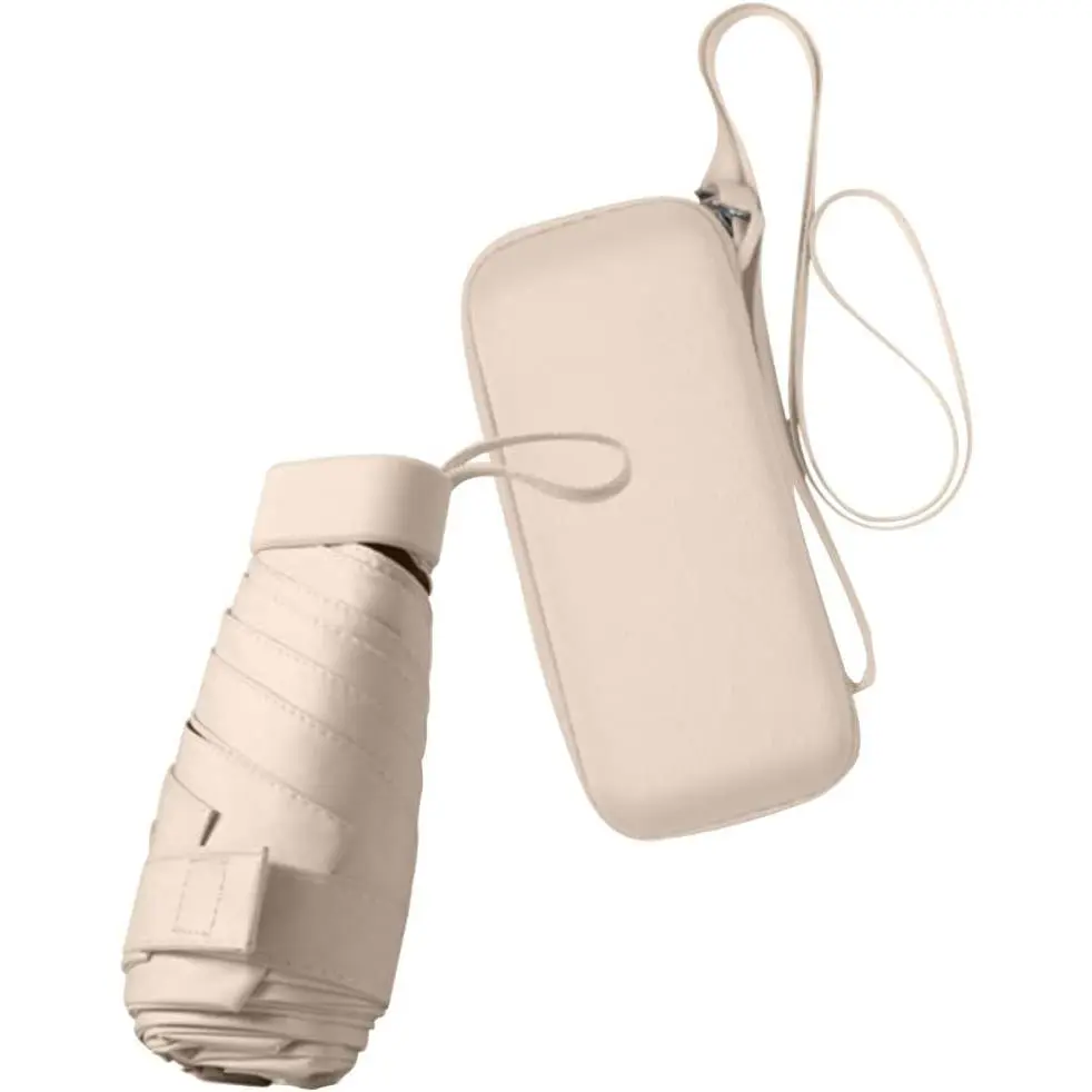 6-Rib Iron Shaft Mini Folding Umbrella for Purse with Case, Compact UPF 50+ UV-Protective Slider Push Sun & Rain Essential, Lightweight Windproof Parasol for Business Commute (Beige)
