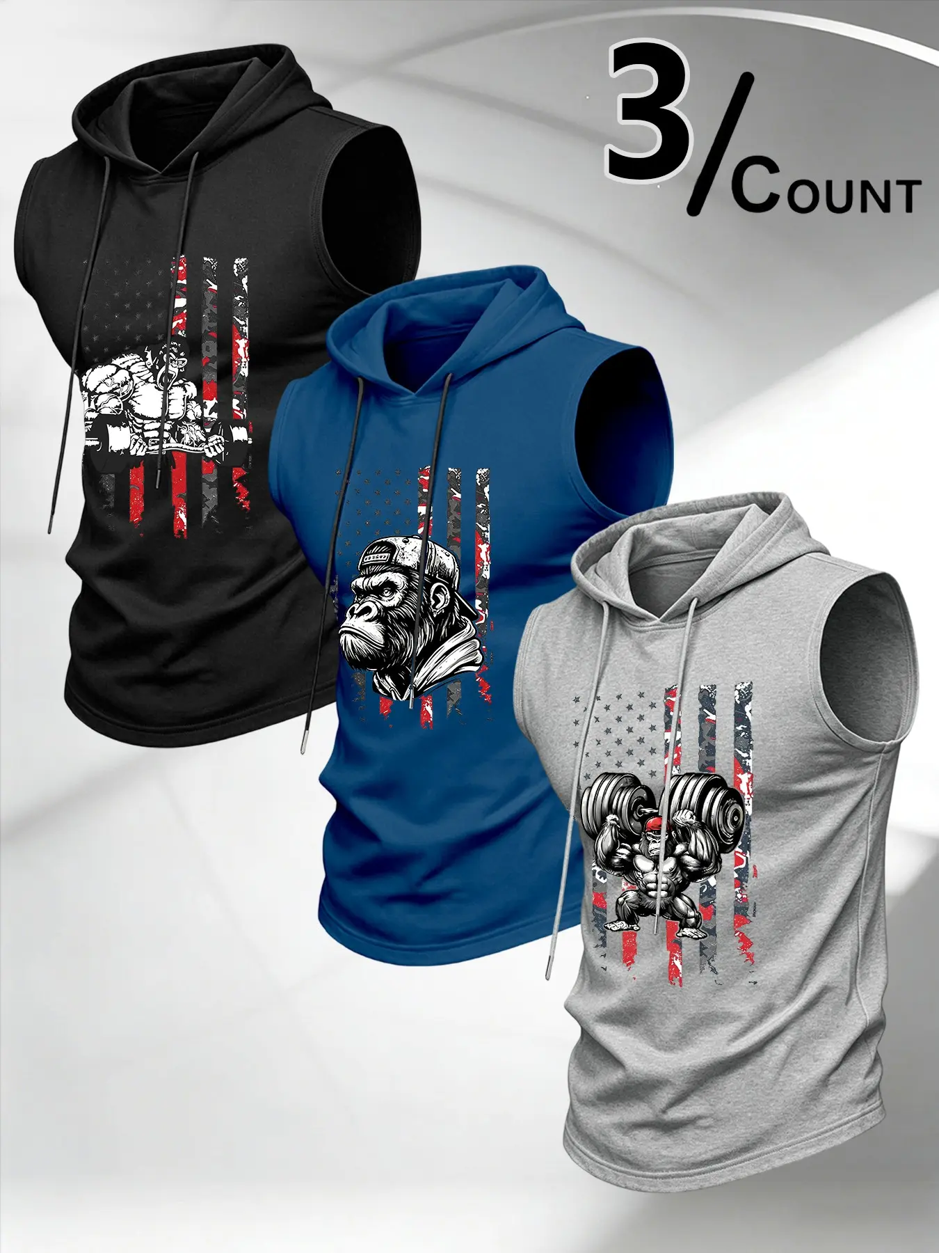 Men's 3-Pack Hooded Tank Top Set, Vintage Star Stripes Gorilla Print, Casual Fitness Training, Breathable Streetwear Apparel