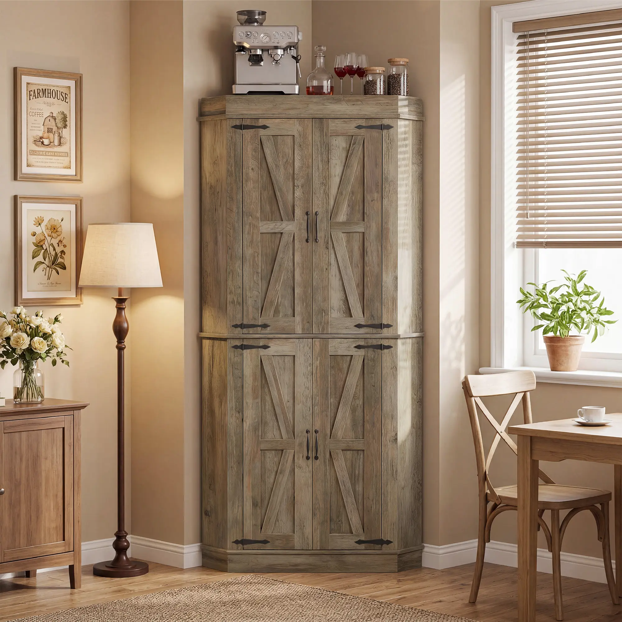 Farmhouse 71"Tall Corner Bar Cabinet,Heavy Duty Corner Kitchen Pantry Cabinet with 4 Doors&Shelves,Freestanding L Shape kitchen Hutch Storage Pantries with Side Rack for Dining Room( Gray)
