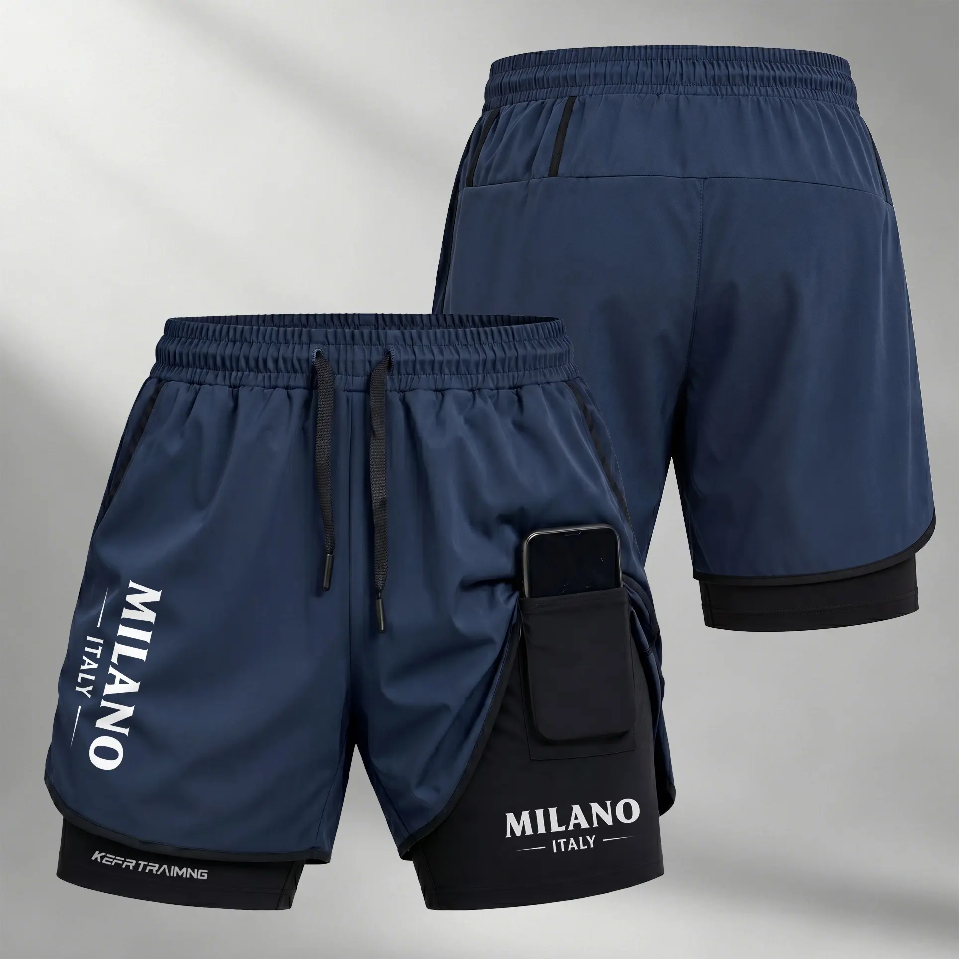 Men's 2-in-1 Sports Shorts, Milano Graphic Athletic Polyester Blend with Compression Liner, Phone Pocket & Back Towel Loop for Gym Running, Regular Fit, Active Sports, Machine Wash, 5% Elastane, Sporty Chic, Elastic Waist Shorts