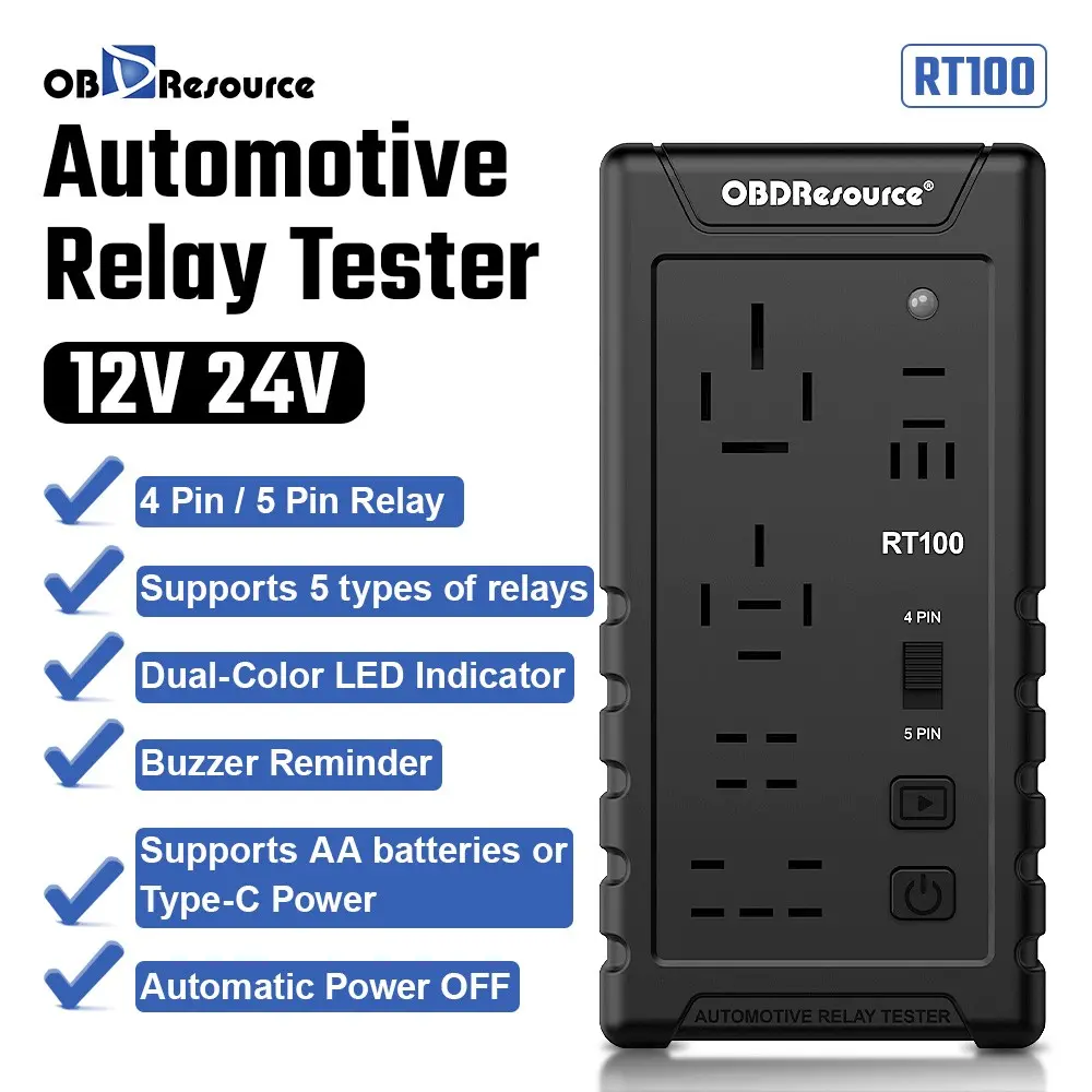 Car Relay Tester RT100, 4 Pin and 5 Pin Relay Tester, 12V and 24v Recognition Detector Auto Relay Analyzer, Supports 5 Types of Relays, Universal Relay Tester