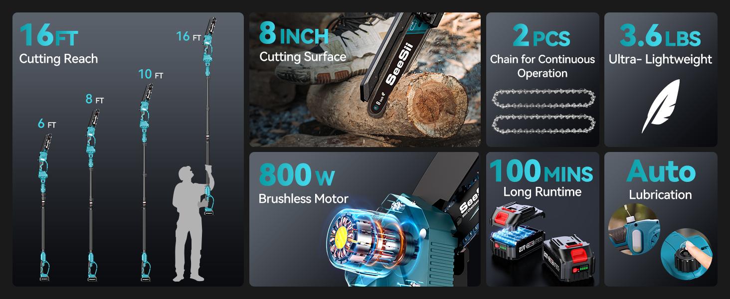 SeeSii 2 in 1 Cordless 8 inch Pole Saw & Mini Chainsaw with 2 Battery, Power Electric Polesaw for Tree Trimming, Chain Saw with Extension Pole, Limb Branch Cutter Pruner CH800C