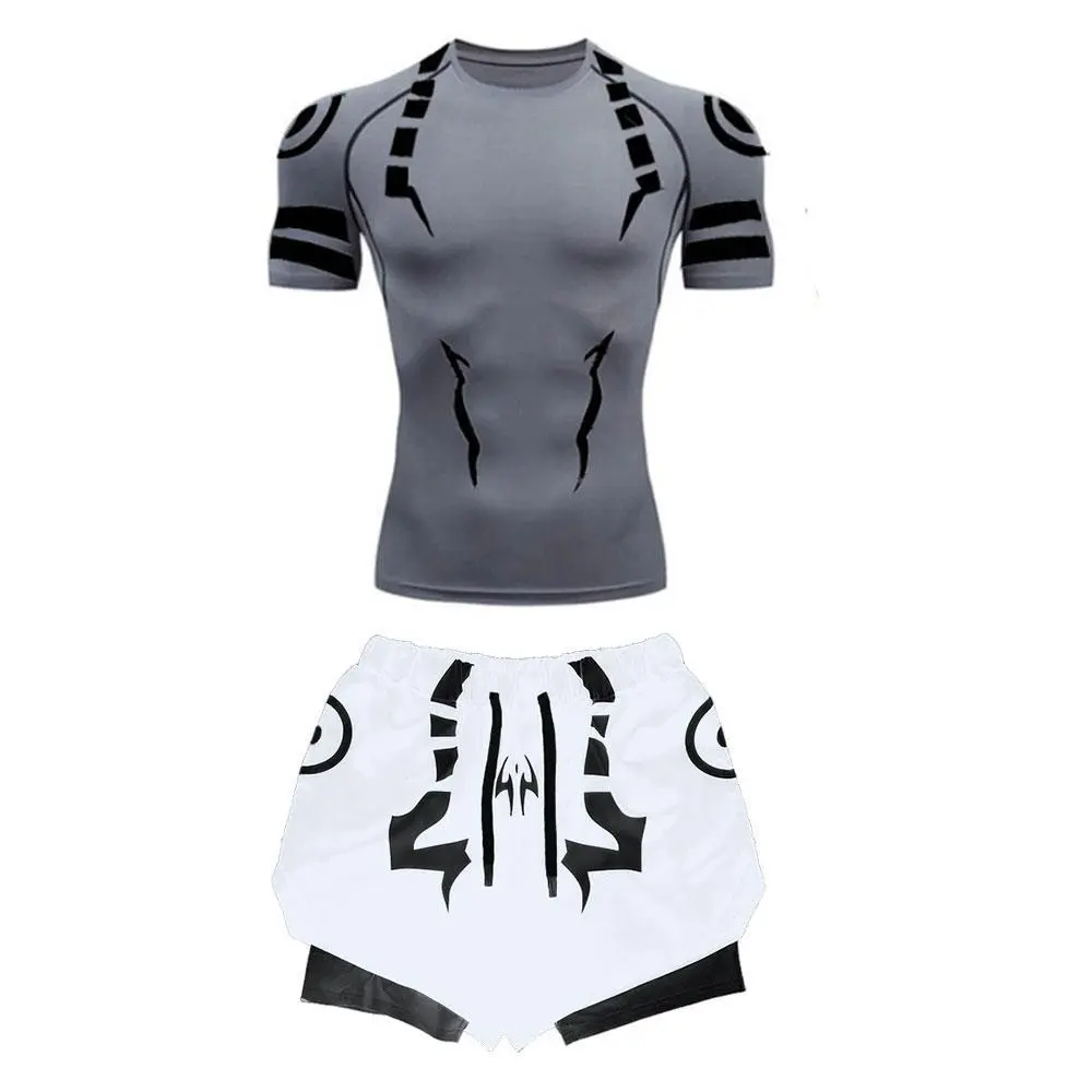 Men's Anime Jujutsu Kaisen 2-Piece Quick-Dry 3D Compression Set - Compression Shirt, Gym Shorts, Athletic Wear for Anime Fans, Running Use