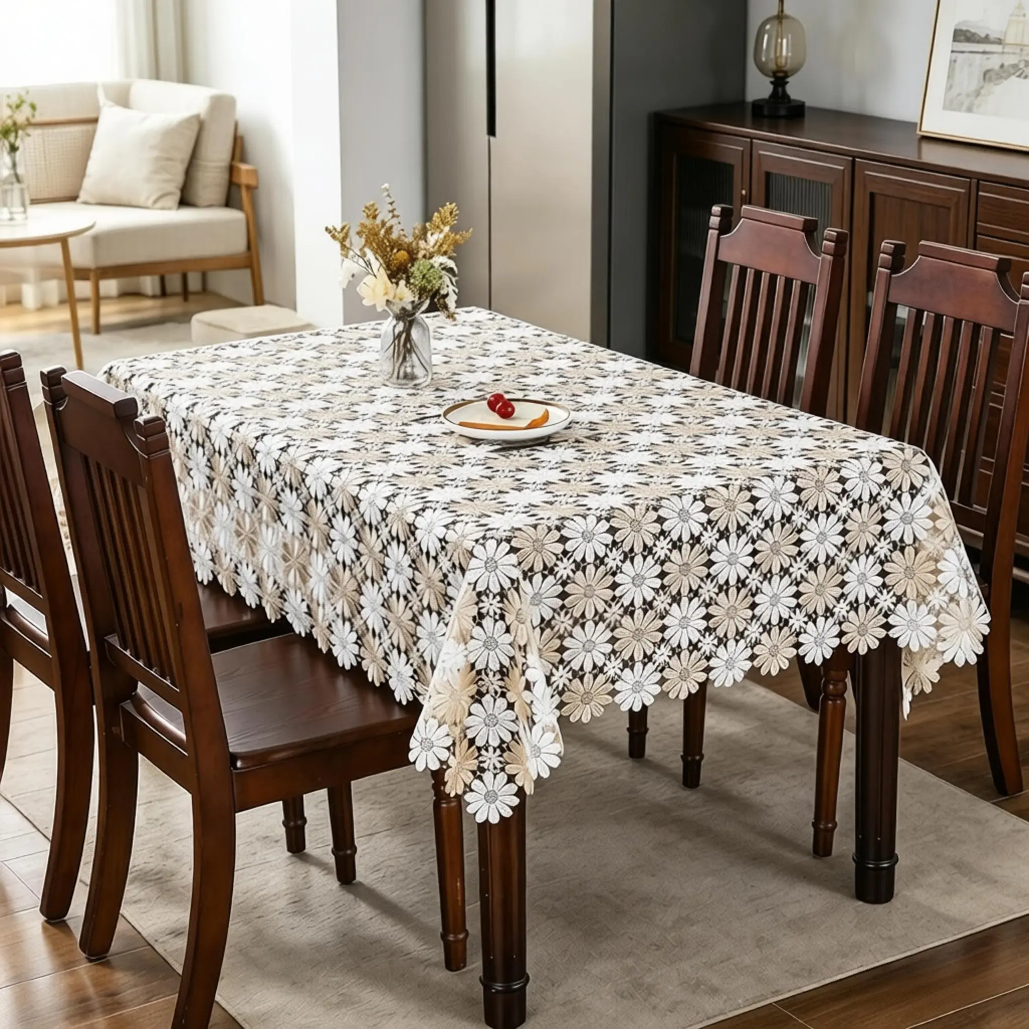 Dual Color Daisy Pattern Embroidered Lace Tablecloth, Durable and Easy to Clean, Easy Maintenance, Ideal for Parties, Living Room, Restaurant, Cafe, Table Setting, Multiple Sizes Available