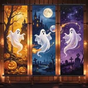 3 Count Halloween hanging pictures, castle moon night white ghost pattern poster, scary Halloween decoration, retro Halloween art, fear yard party poster, family bedroom living room poster, odorless, HD, holiday gifts