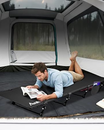 Anbte Ultralight Folding Camping Cot, Comfortable Portable Camping Cot Supports 275 lbs with Storage Bag & Side Pocket, Lightweight Folding Bed for Outdoor Travel Tent Indoor Emergency Bed, Black