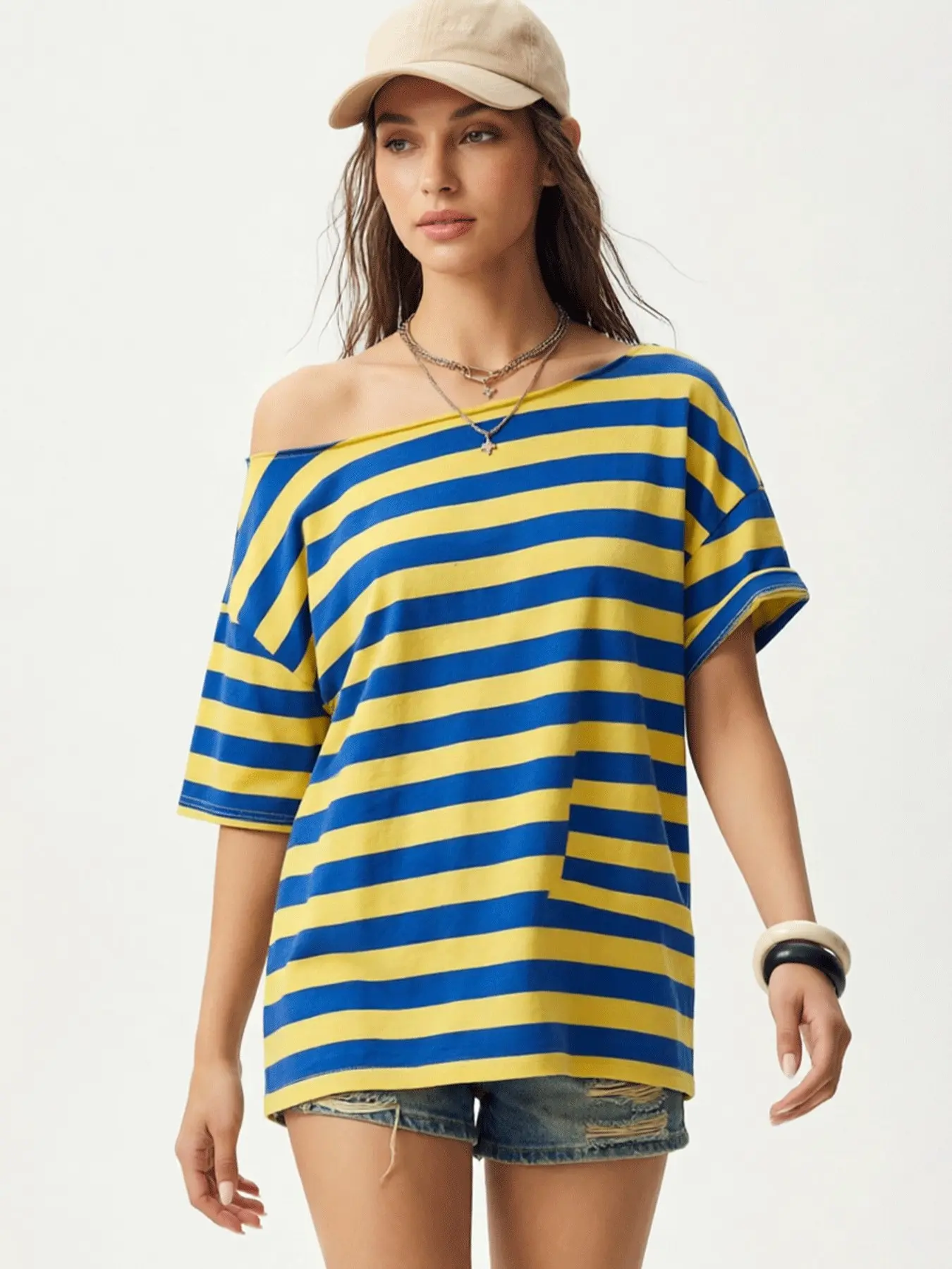 Women's Blue Striped Off-Shoulder T-Shirt, Loose Bat Sleeve Design, Summer Casual Beach Wear, Slim-Fitting, Plain Surface