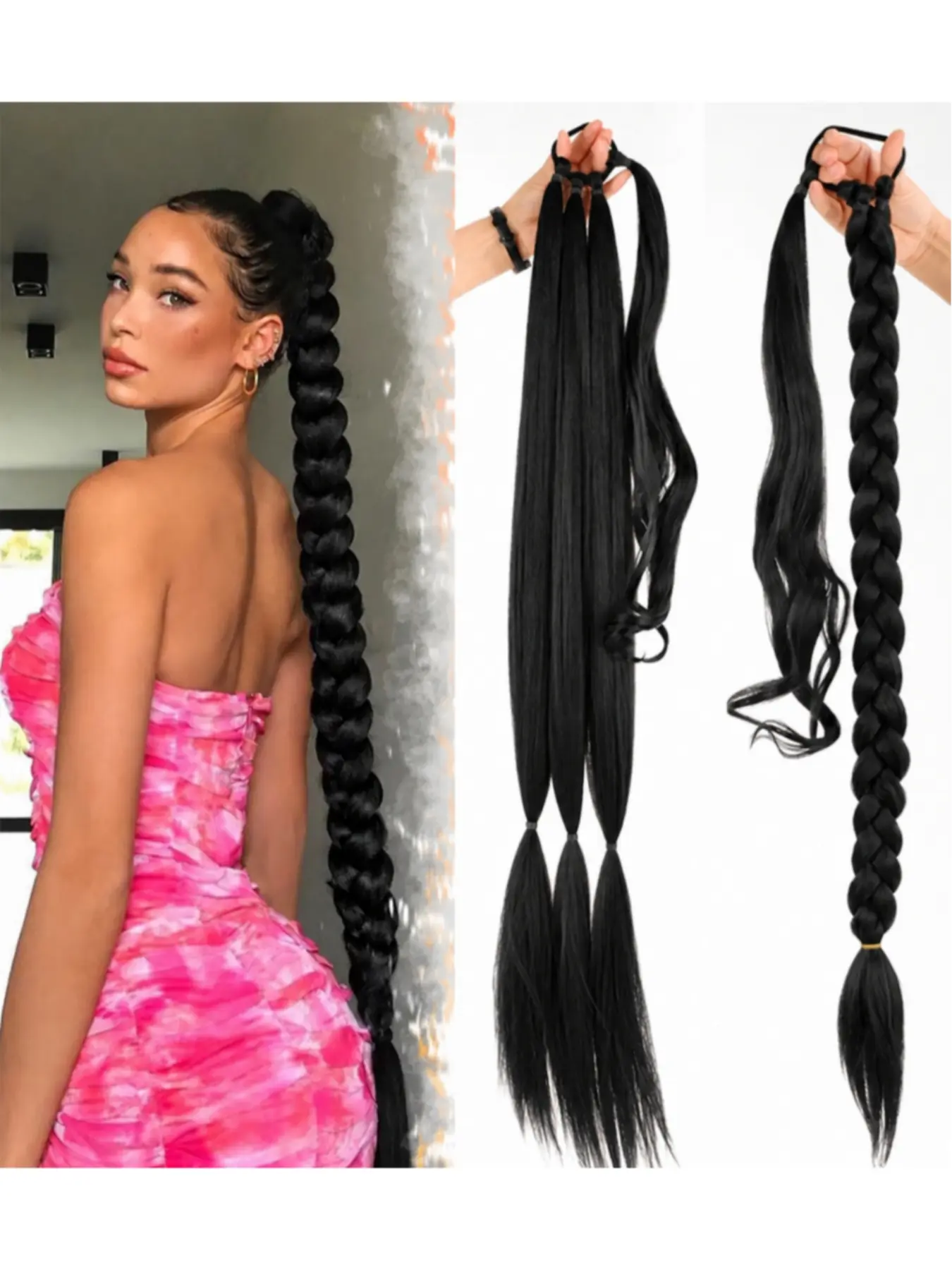 32 Inch Braided Ponytail Extension for Women, 3PCS Synthetic Wrap Around Hairpiece with Hair Tie, Long Sleek Braid Ponytail Hair Extension, Natural Looking Volume Hairstyle, Synthetic Hairpieces
