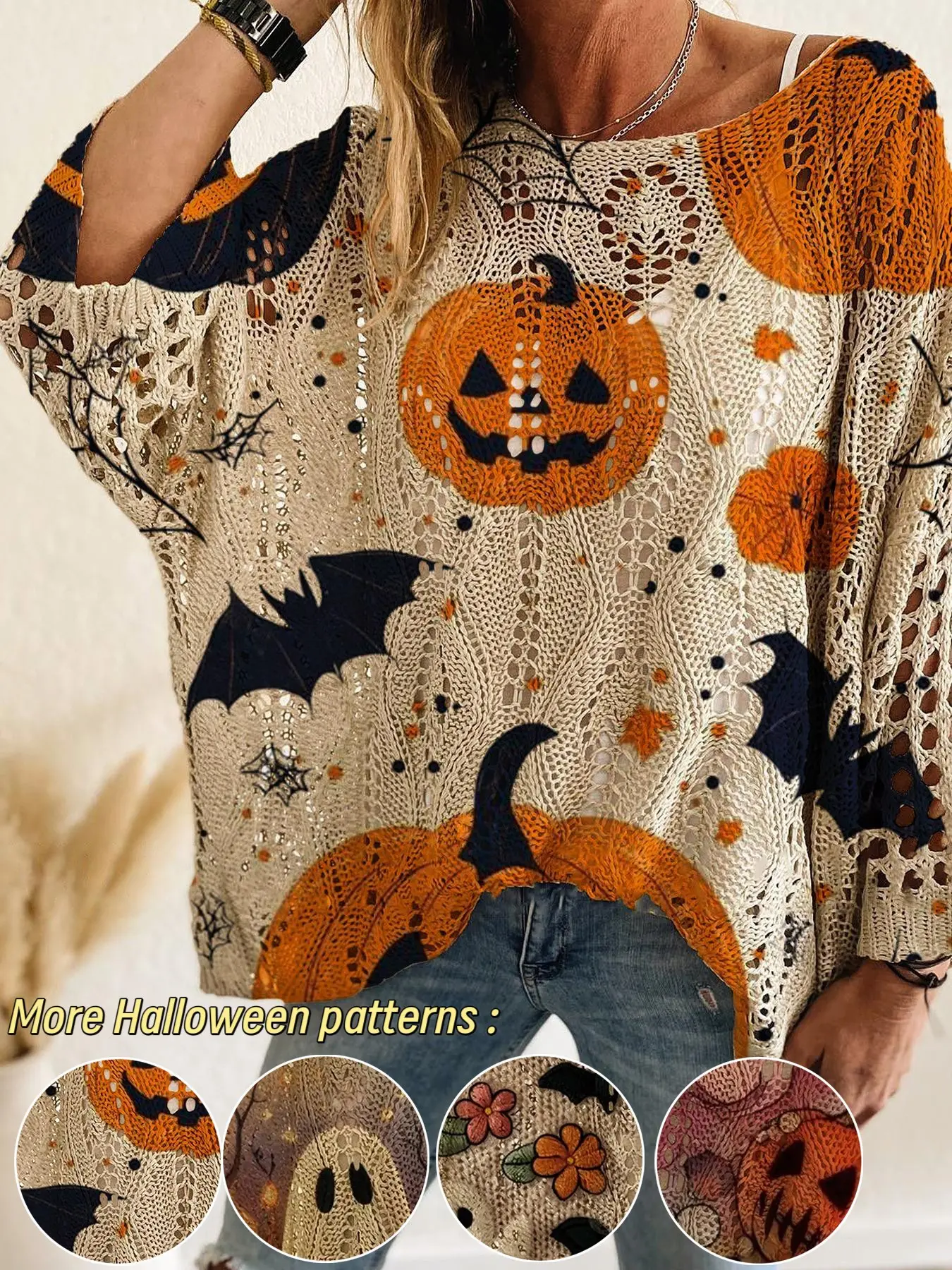 Women's Holiday Knit Top, All over Print, Long Sleeve, Bat Shoulder, Loose Fit, Christmas & Halloween Patterns, Casual Elegant