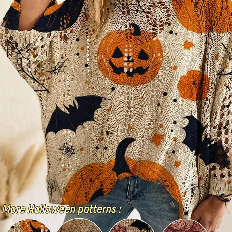 Women's Casual Long Sleeve Knit Top, Batwing Sleeves, Halloween Pumpkin Print, Loose Fit, Summer & Fall Fashion, Ladies' Pullover, Casual Pullovers