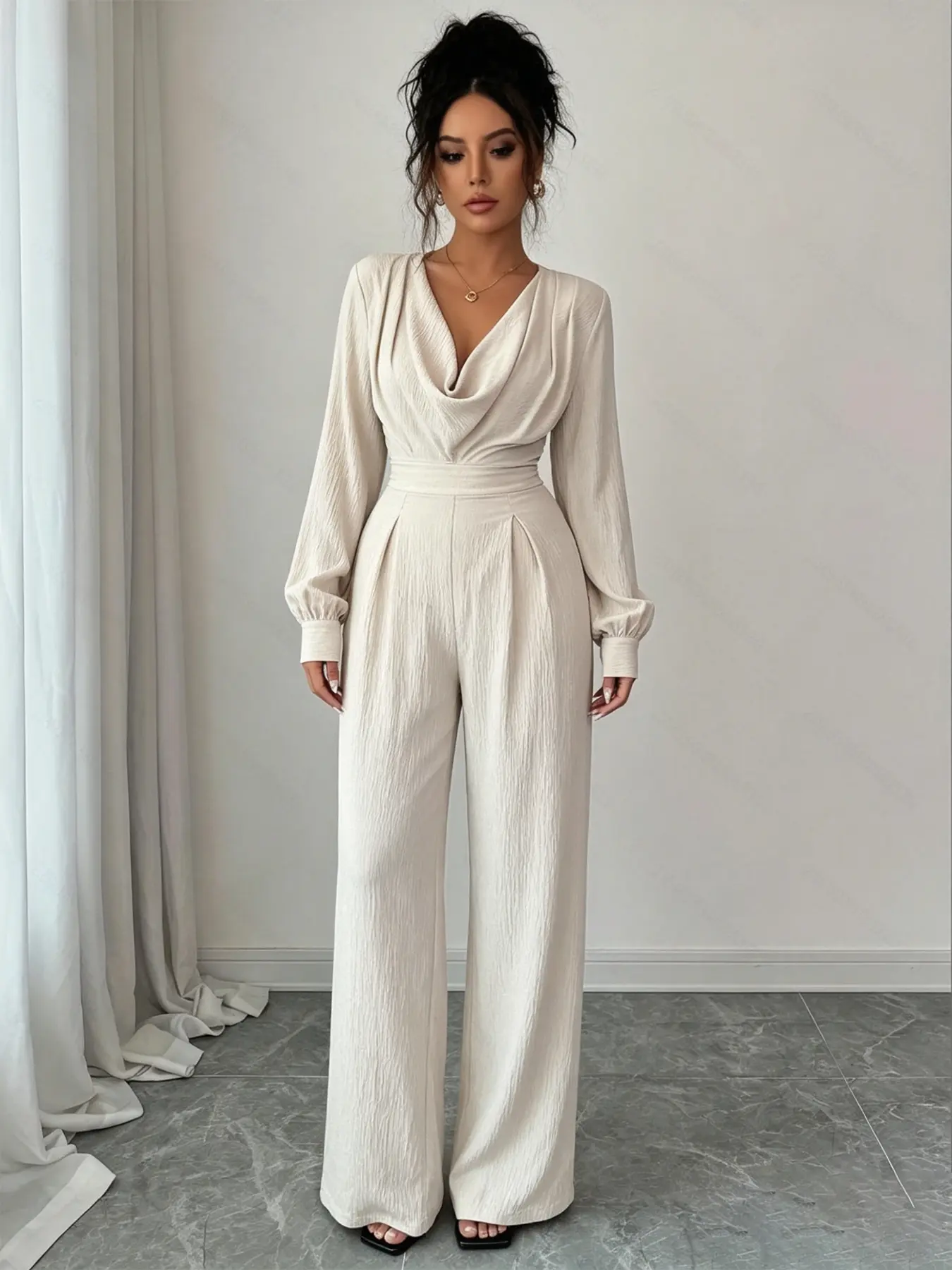 Women's beige swing collar long sleeved wide leg Solid Color Jumpsuit, Fashion Jumpsuit, Waistband jumpsuit, high waist, cinched waist, taller slimmer, suitable for commuting, shopping, outdoor and indoor activities