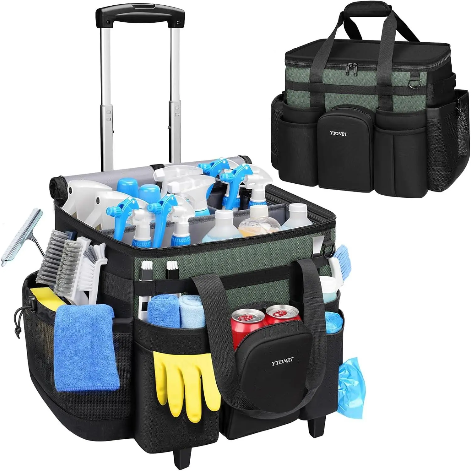 Cleaning Caddy with Wheels, Extra Large Rolling Cleaning Caddy Bag with Detachable Trolley for Housekeepers, Water Resistant Cleaner Supplies Organizer with Wheels for Kitchen, Tool Organizer