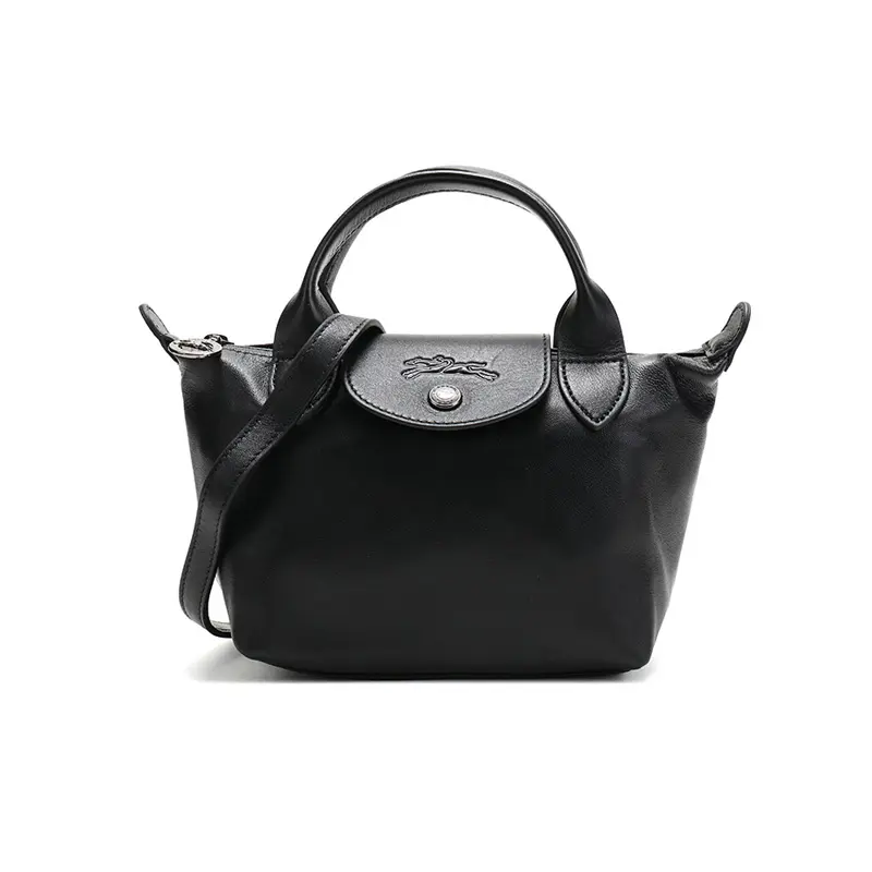 Longchamp Le Pliage Cuir Mini Handbag for Women, Logo-Embossed Zip Closure, Foldable Design, Black Lamb Leather