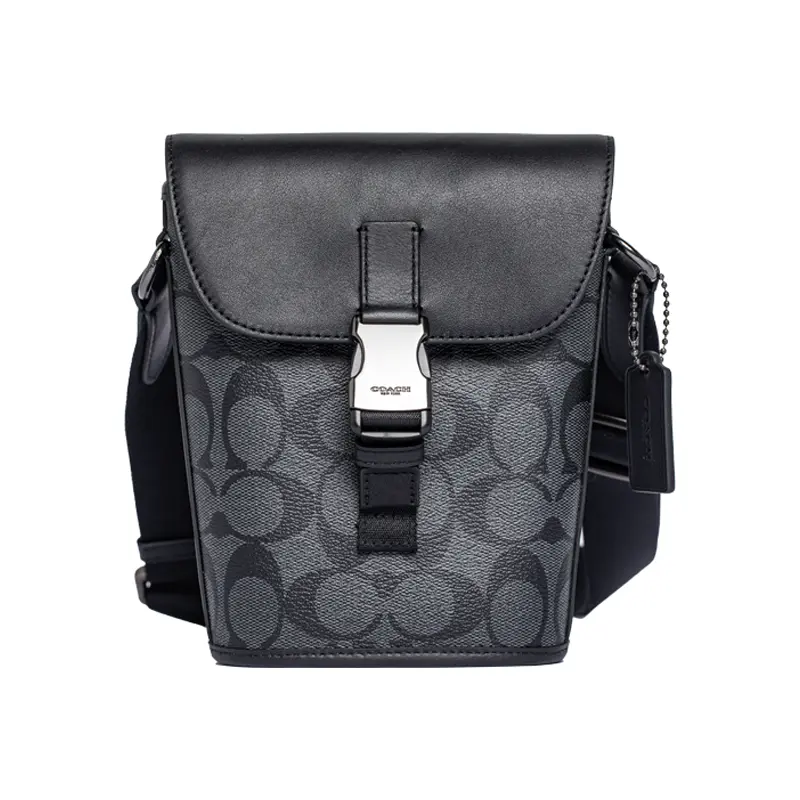 COACH Track 16 Mini Crossbody Bag for Men – Classic Logo Pendant, Coated Canvas and Leather, Sophisticated Gray