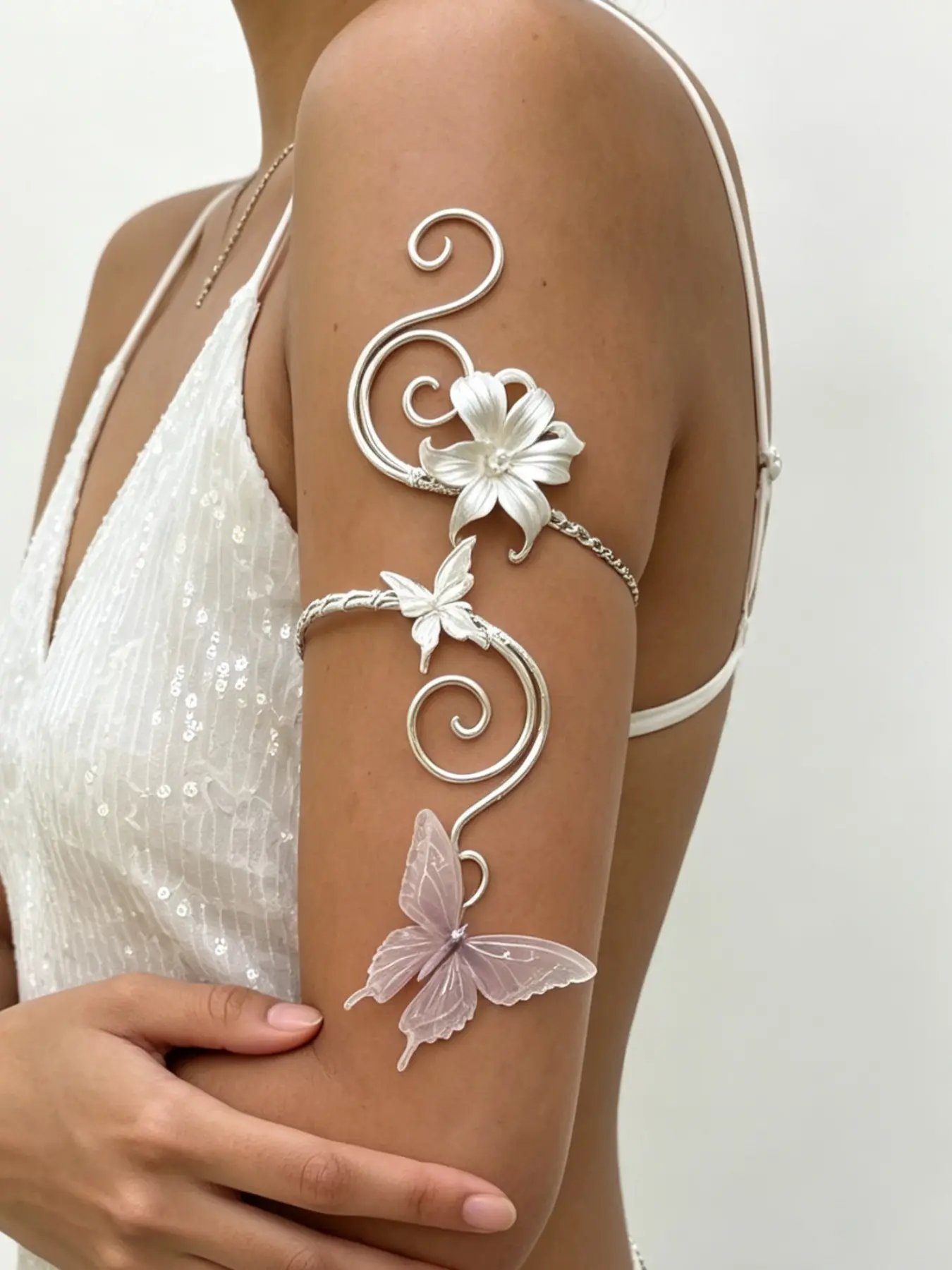 Fairy Tale Butterfly Flower Arm Ring Silver Color Metal Handmade Spiral Design Adjustable Pearl Flower Women's Beach Festival Jewelry