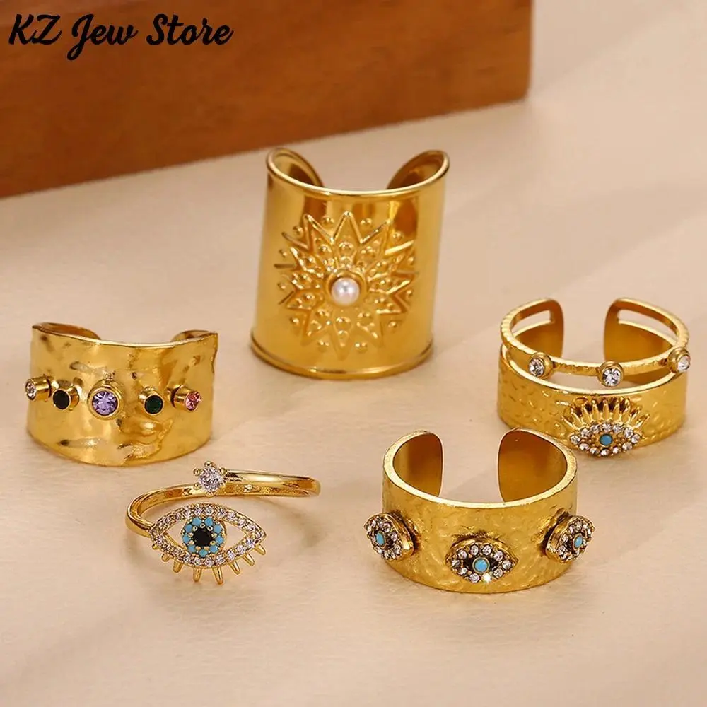 Unisex Metal Plated Gold Chunky Rings, Broad Surface Türkiye Eye Zirconia Stainless Steel Waterproof Jewelry, Female-Male Engagement Ring Gift for Punk Style Lovers, Engagement Rings, Synthetic/Simulated Coloured Gemstone