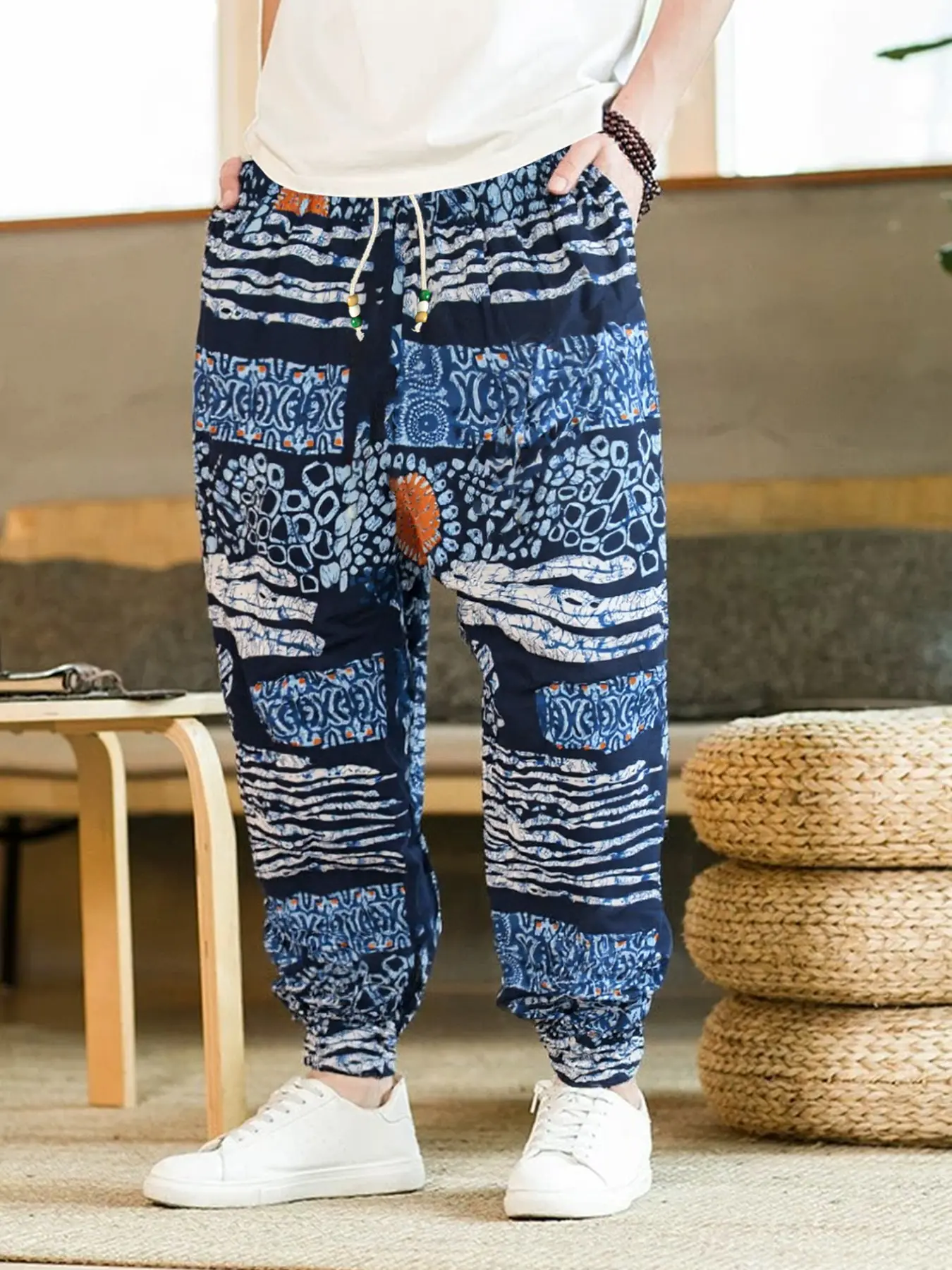 Thai Elephant Pants Thin Men's Summer Ethnic High Waist Straight Leg Wide Leg Cuffed Nine-Inch Pants, Printed Beachwear