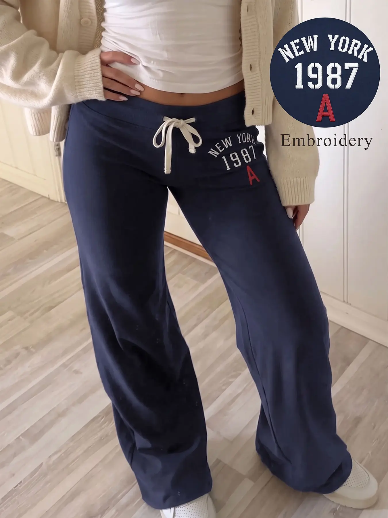 Soft Dralon Fabric Adjustable Drawstring Low Rise New York 1987 Letter Embroidery Y2K Retro Slim Bootcut Flare Sweatpants For Women Vintage Streetwear Loungewear Athletic Workout Daily Travel Outdoor Trendy Aesthetic Casual Versatile Fashion Trousers