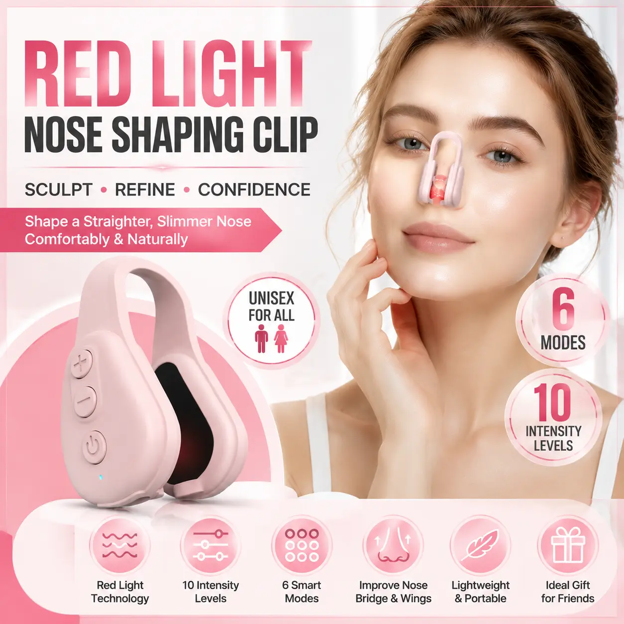 Portable Gentle Silicone Red Light Nose Sculptor Clip - Unisex Compact Facial Contouring Tool with 10-Level Intensity Control, 6 Modes for Nose Bridge Enhancement, Daily Personal Care (Sports & Outdoor Water Sports Swimming Accessory)