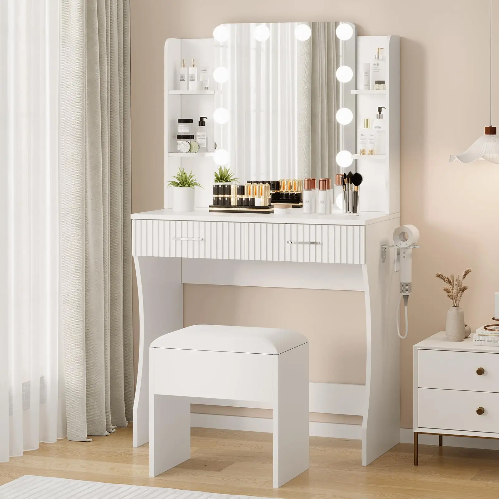 Garvee Makeup Vanity Desk with Mirror, 12 LED Lights, Power Outlet, 2 Drawers, 6 Shelves, Hair Dryer Holder & Stool - Modern Dressing Table Furniture with Storage for Bedroom