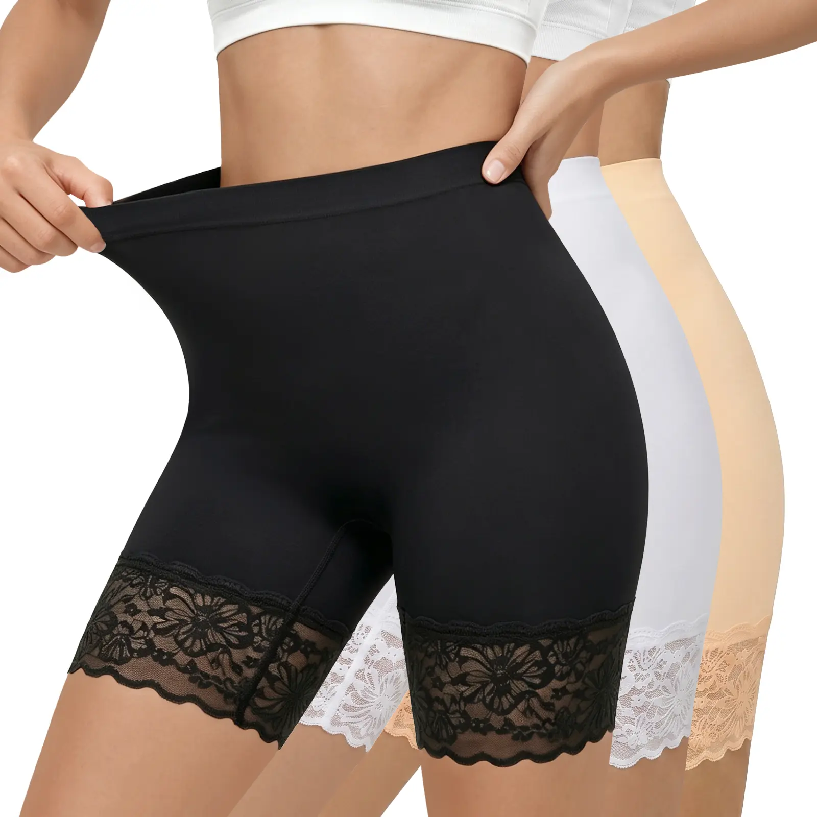 Women's Feminine Lace Trim Seamless Safety Panty Shorts - Soft Fabric, Anti-Chafing Underwear, Stretchy, Stylish, Comfortable for Dresses & Everyday Wear