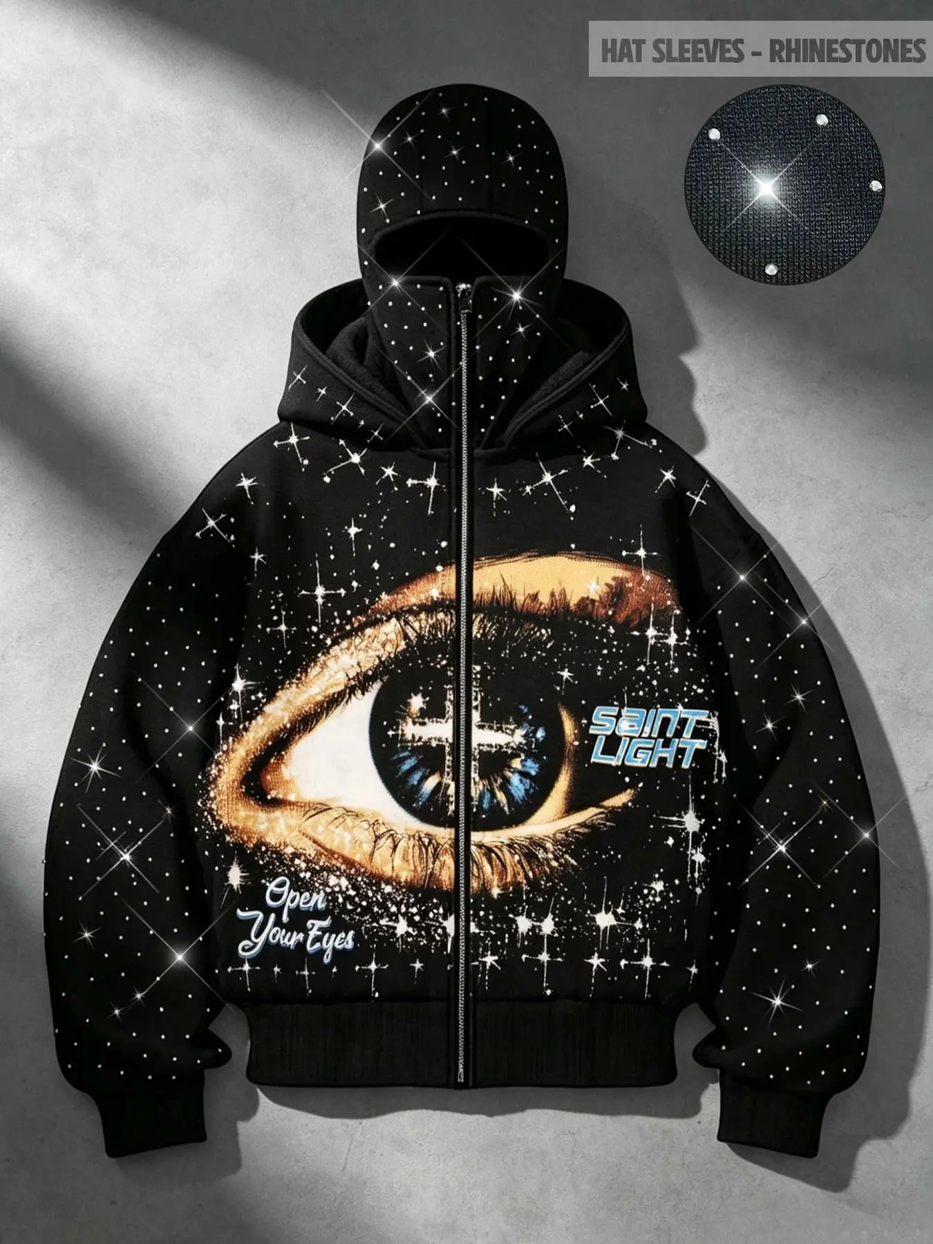 Rhinestone eyes starry sky men's hoodie zipper sweatshirt with two hats for men and women same style plus velvet warm cardigan jacket for men in autumn and winter saint popular eye print men's jacket street style brand zipper sweatshirt punk Y2K style