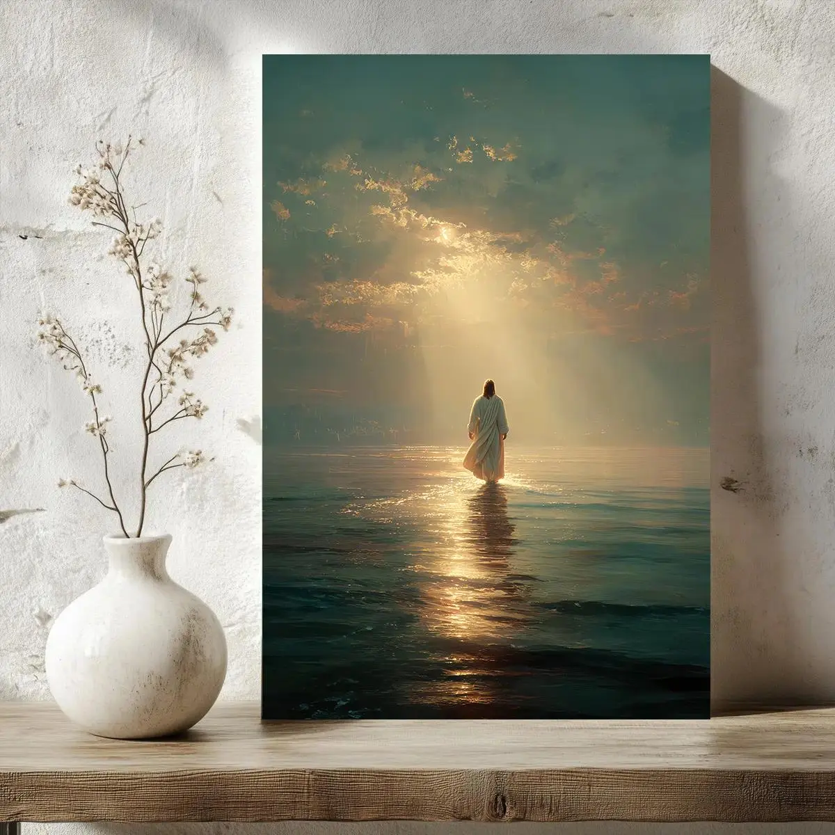 Jesus Walking on Water Canvas Painting Poster, Multi-Size Modern Christianity Modern Art, Divine Light Spiritual Wall Decor, Ready-to-Hang Home Bar Decor, Faith Gifts, Safe Packaging