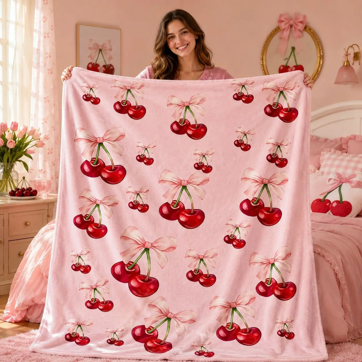 1pc Pink Bow Cherry All Over Print Fleece Decorative Blanket, Seamless Red Cherry Ribbon Bow Pattern, Sweet Girly Vintage Aesthetic Style. Soft Multi-use Throw for Sofa, Bed, Office, Camping, Ideal for Girly Style Lovers Gifts, Soft Cozy Blanket
