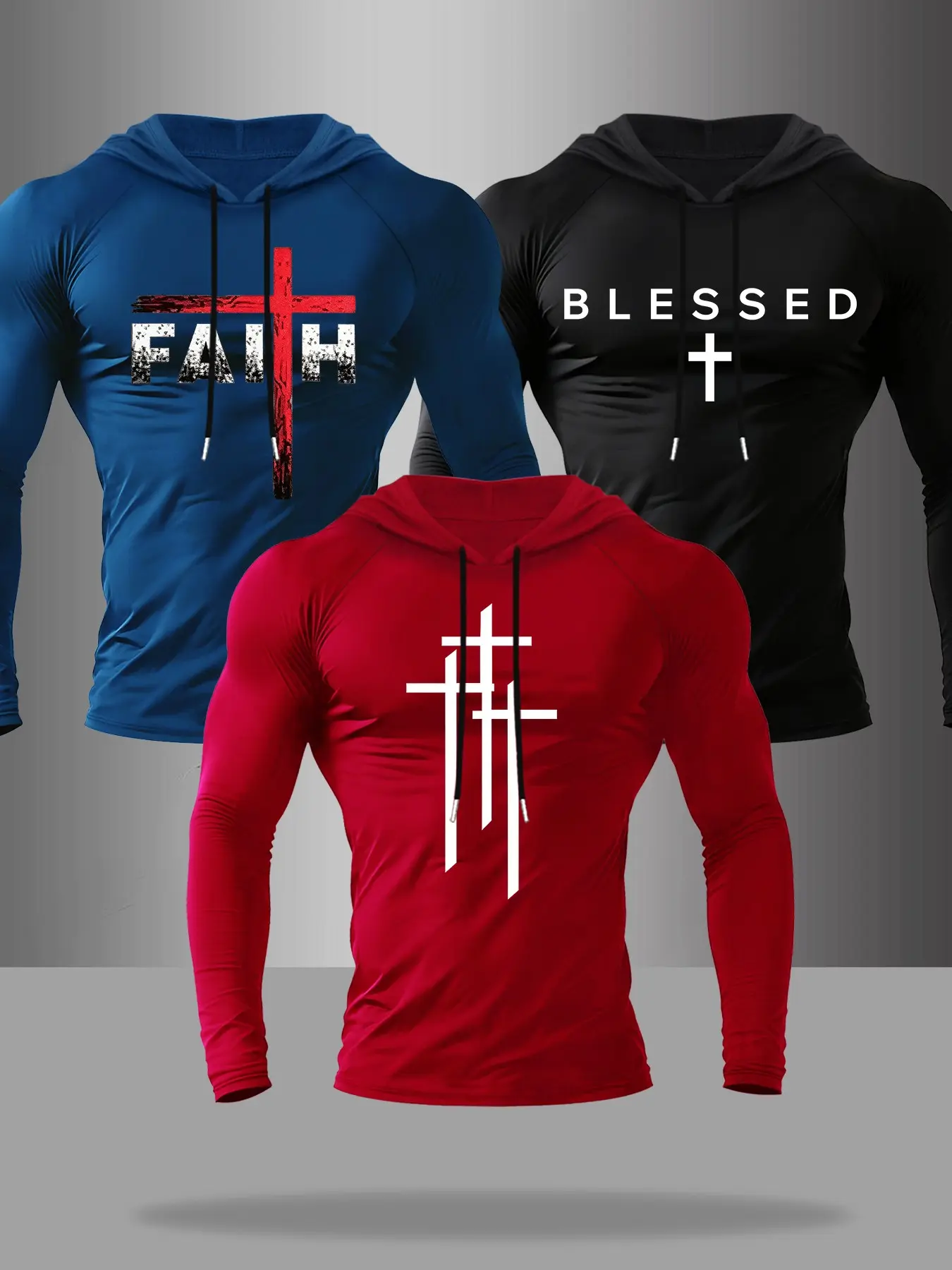 Men's Cross Letter Graphic Print Long Sleeve Drawstring Hooded Athletic T-Shirt, Athletic Hooded Shirts, Casual Christian Style, All Seasons, Unlined Top