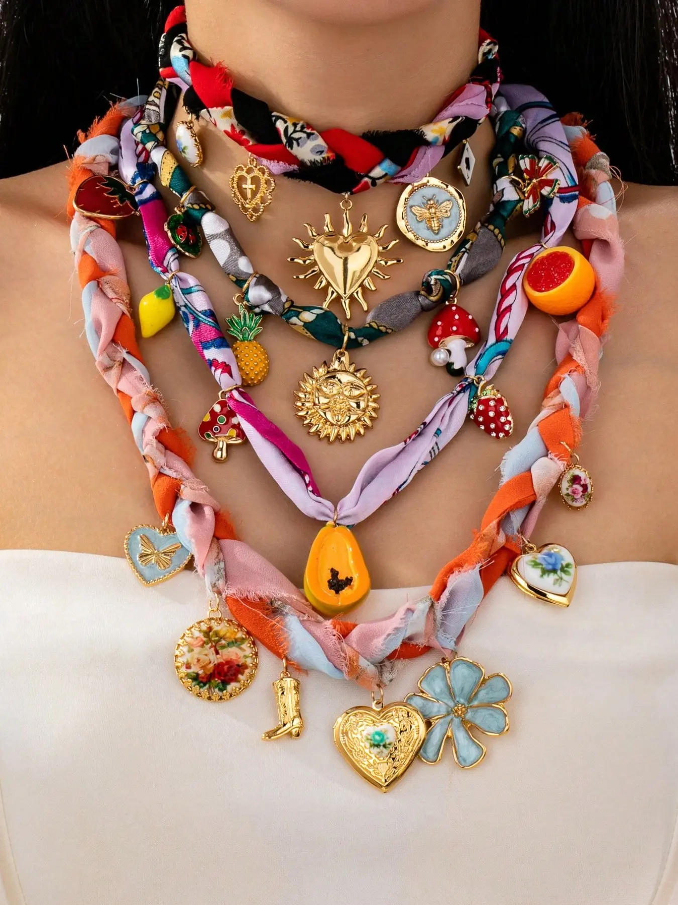4 Pc Heart Locket Fruit Charms Necklace for Women, Elegant Scarf Necklace with Sunburst Pineapple Orange Charm Pendant, Women Stackable Layering Necklaces Heart Design Jewelry, Dainty Layering Jewelry