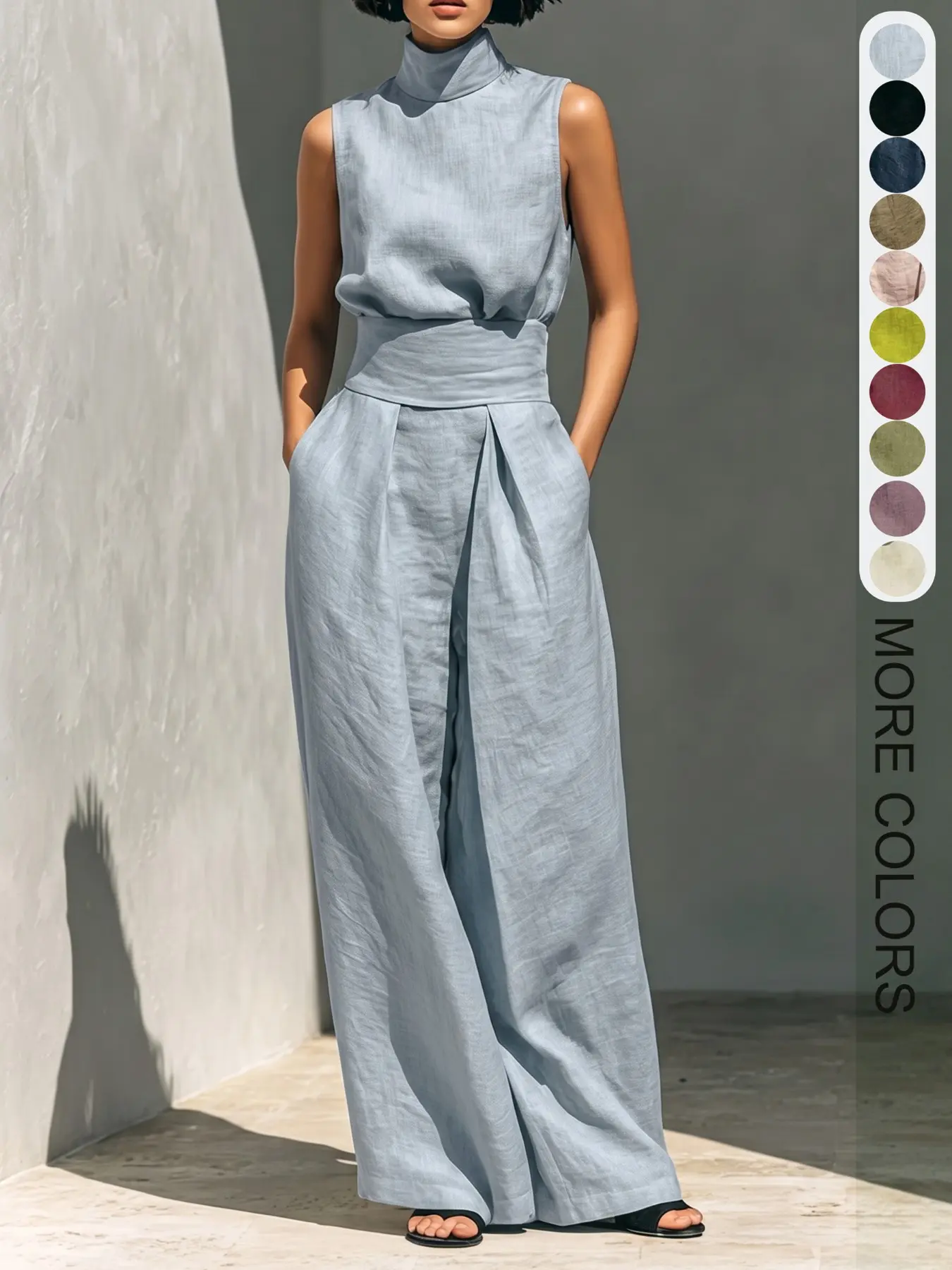 Women's Four-Season Casual Basic Loose-Fit High Neck Solid Color Wide Leg Sleeveless Romper, Trendy Chic Streetwear for Home & Outdoor