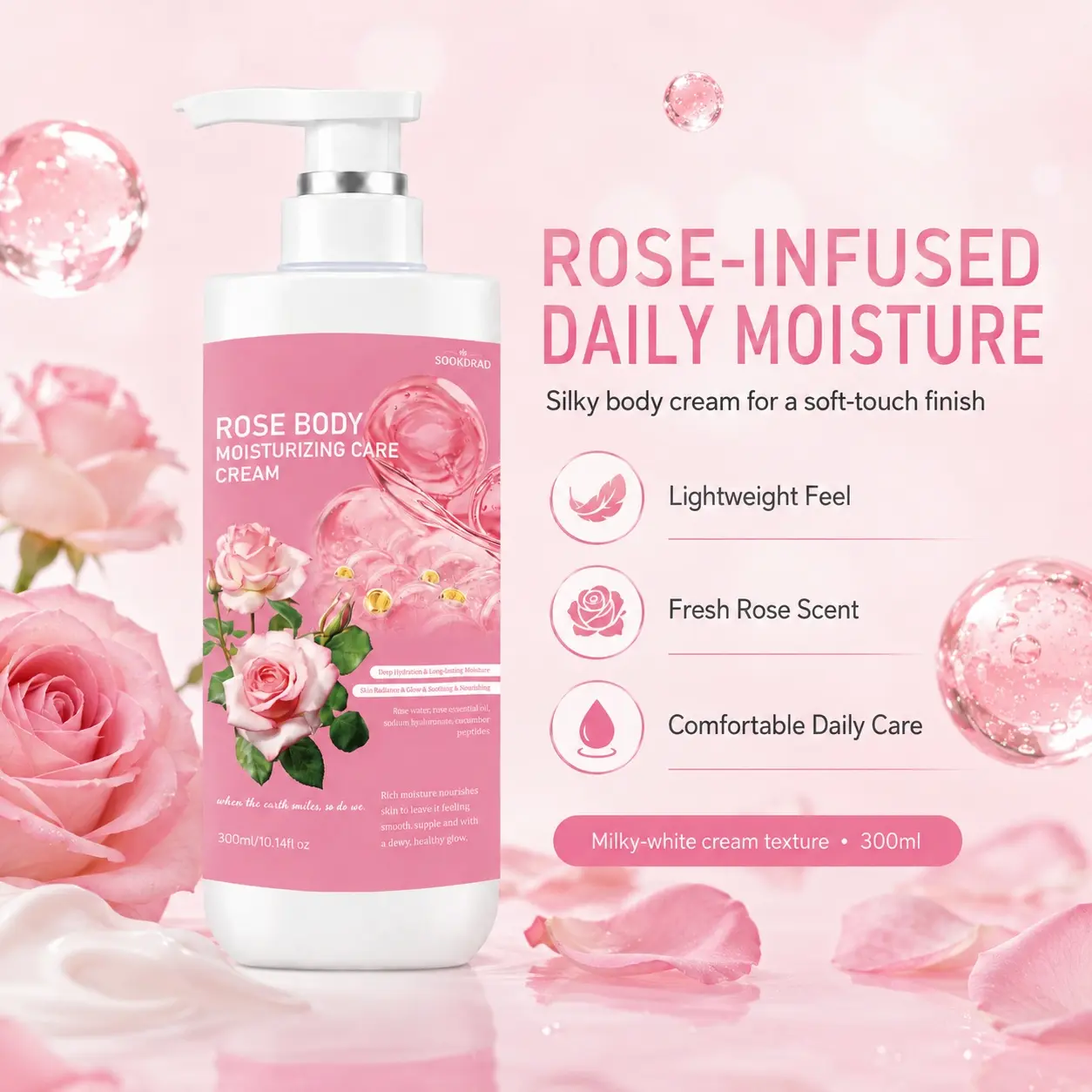 Rose Body Moisturizing Care Cream, contains rose water, rose essential oil, sodium hyaluronate, cucumber peptides, deep hydration, long-lasting moisture, skin radiance, glow, soothing, nourishing, for
