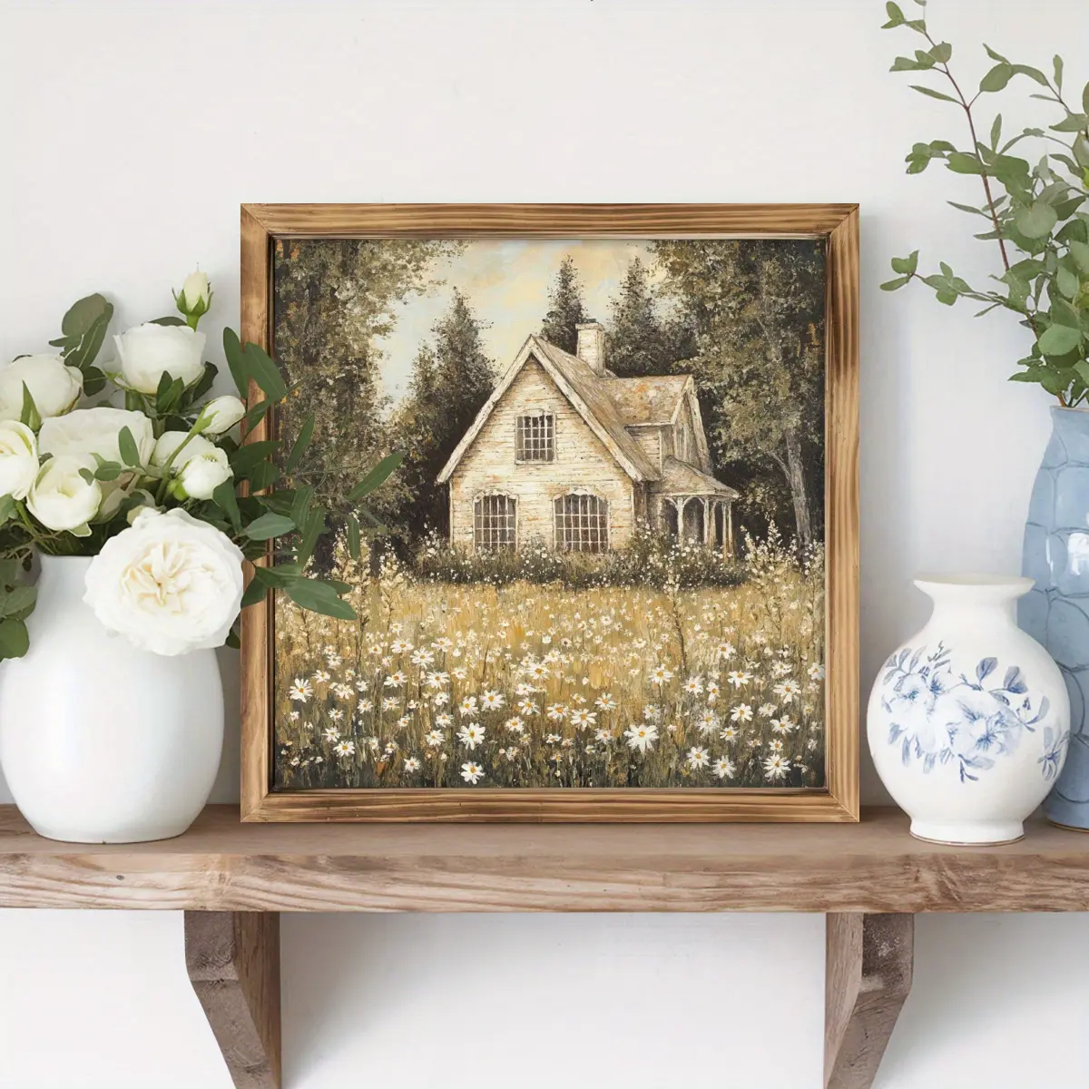 1pc Farmhouse Mural - Cottage in the Field with White Picket Fence & Wildflowers, 8x8 Inch Rustic Wood Frame Vintage Country Wall/Tabletop Decor, Beige/Brown/White Palette for Kitchen, Bathroom, Living Room - Housewarming Gift (Wooden