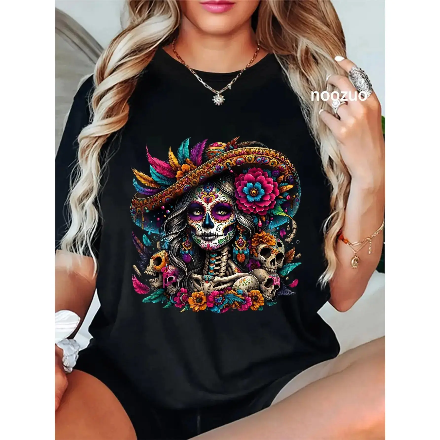 Women's Cotton Day of the Dead La Catrina Sugar Skull Graphic T-Shirt - Round Neck, Regular Sleeves, Distressed Vintage Look, Dark Aesthetic Streetwear, Alt Clothing Women, Machine Washable Sports Top, Graphic T Shirts, Shirts For Women