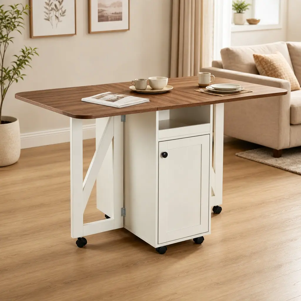 ARCH Foldable Drop Leaf Dining Table - Compact, Narrow Rolling Kitchen Island Cart with Compartments, Storage Cabinet, Wine Rack, Multi-Functional Utility Cart for Small Kitchen, Living Room (Beige White/Walnut), Compact Model Dining Tables, Narrow Foldin