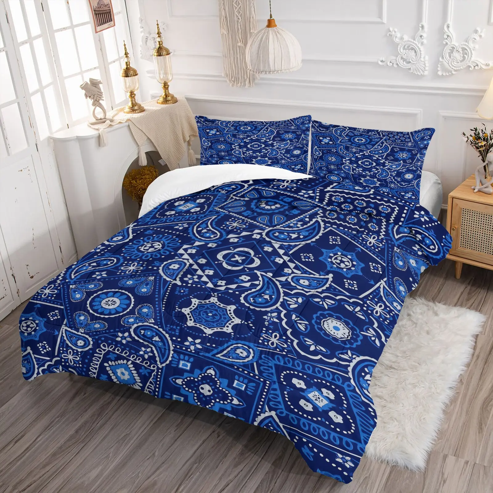 Retro Paisley Plaid Navy Comforter Bedset, Includes 1 or 2 Pillowcases,West Coast Street Style Navy White Spliced Geometric Pattern, Colorfast & Washable Fluffy Fill, Great Bedding For Hip-hop Bedroom & American Homestay