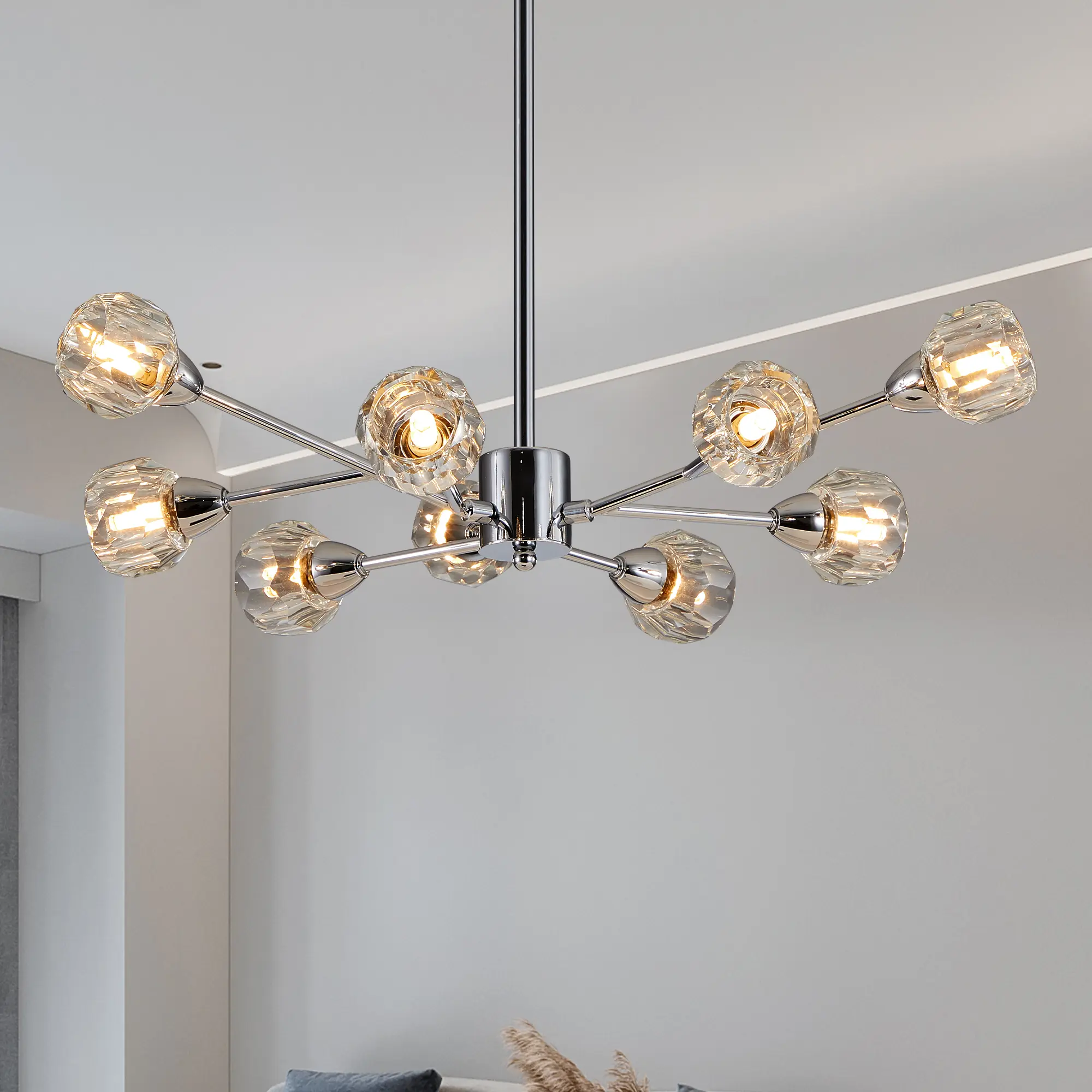 ARCH 28-In Ceiling Light, 9-Light Chrome Iron Frame Crystal Globe Chandelier, Single Unit Modern Diamond-Shape Fixture for Living Room, Bedroom, Iron Material, 27.6W x 5.9H In, Bulbs Not Included, Ceiling Lights, Diamond Shapes