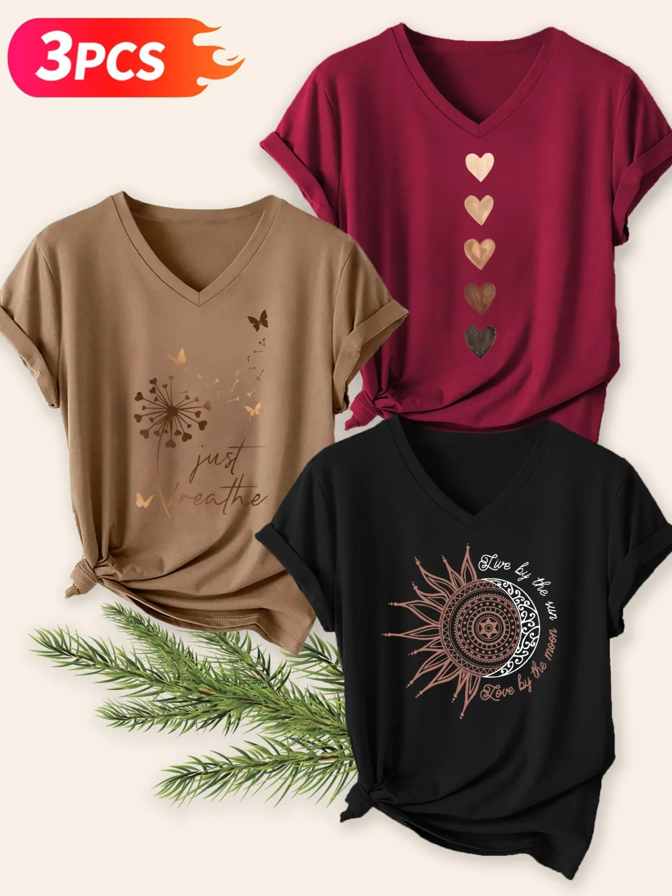 3-Pack Women's Fashion V-Neck T-Shirts, Heart Daisy Letter Print, Casual Slim Fit, Soft Fabric, Spring Summer Fall