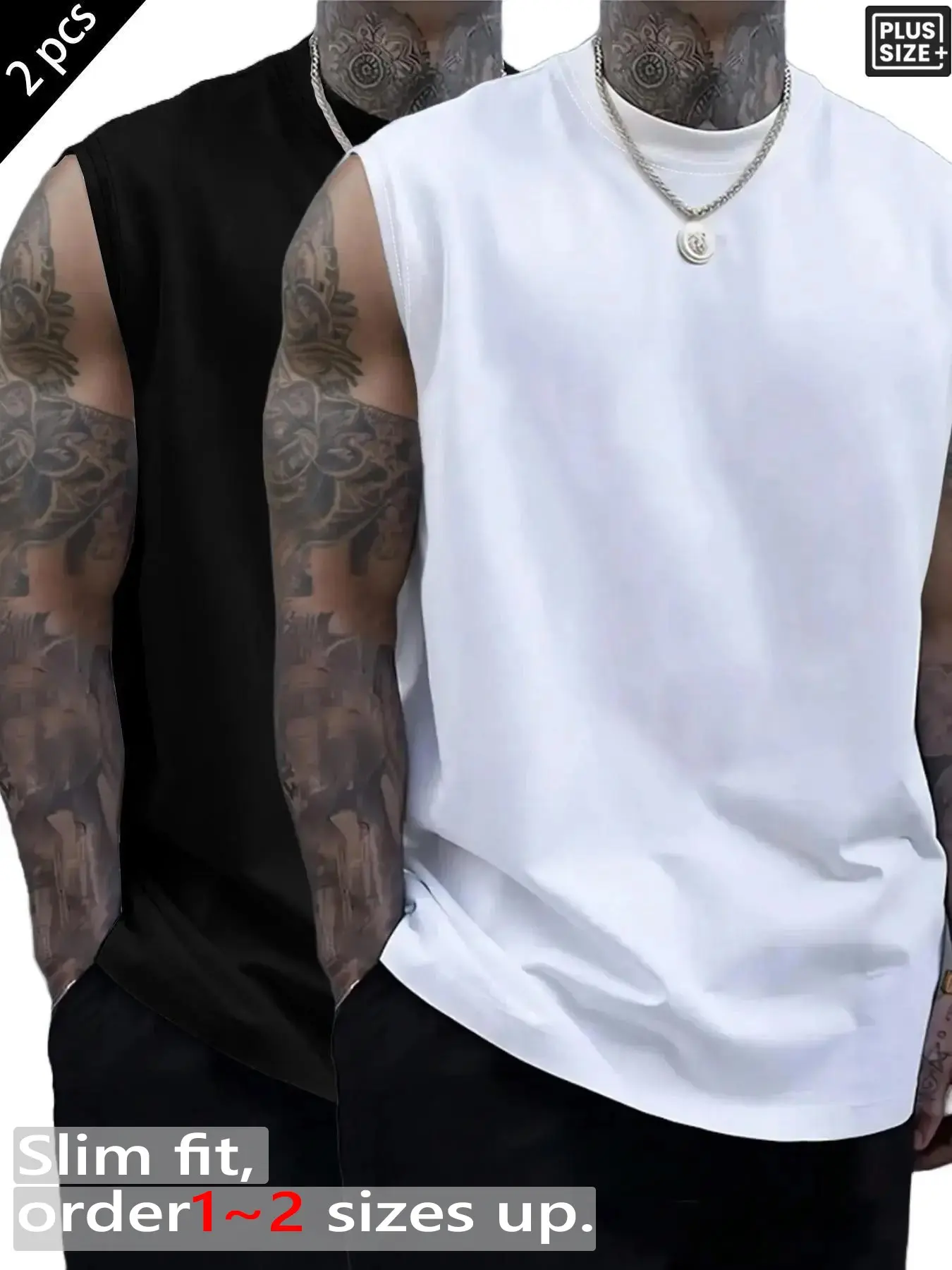 Men's Plus Size 2-Pack Solid Color Sleeveless Tank Tops, Oversized Casual Muscle Shirts, Casual Sports Tops, Fitness Activewear for Gym, Workout & Daily Wear, Activewear Polyester