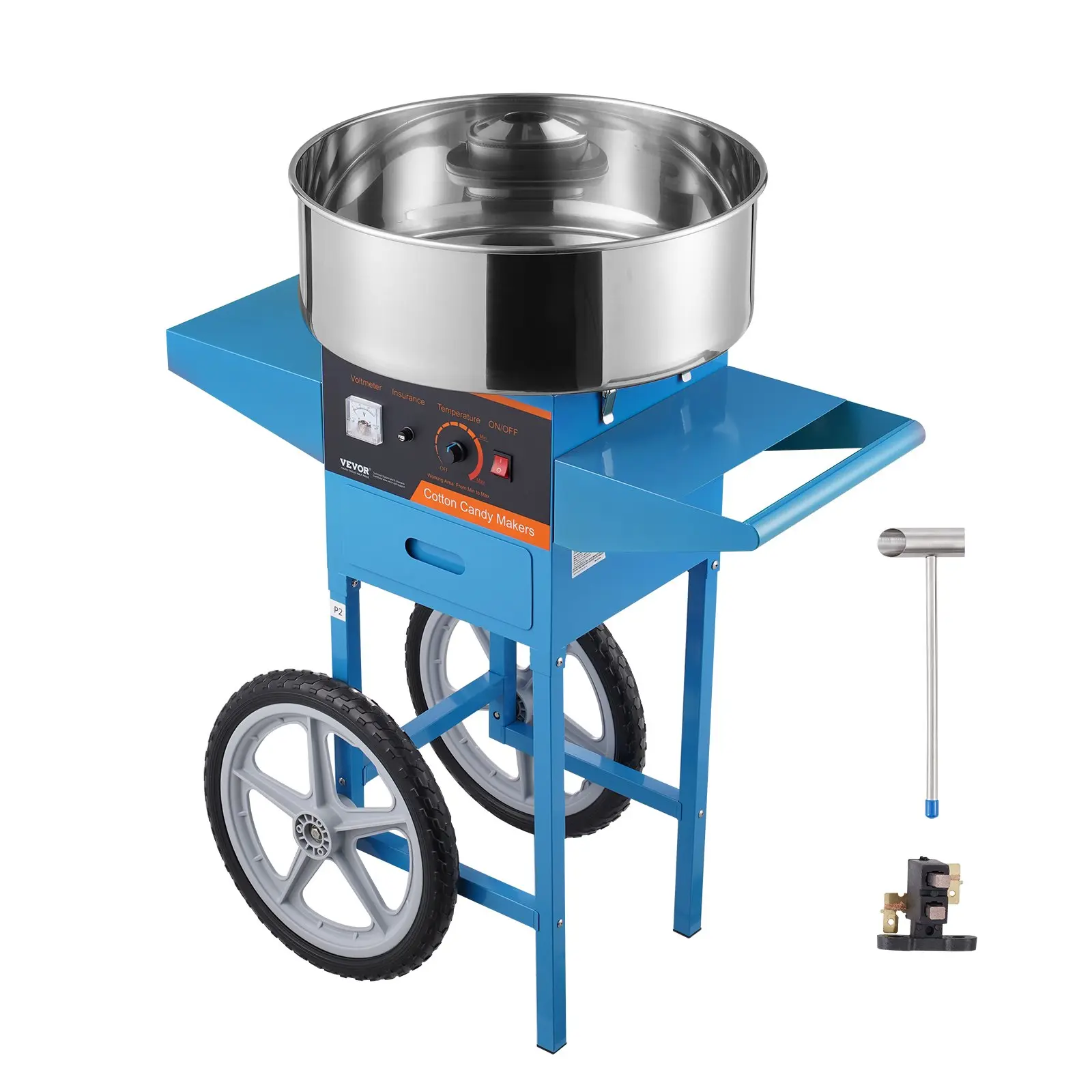 VEVOR 1000W Stainless Steel Freestanding Candy Maker with Cart, Bowl, Sugar Scoop & Drawer, 6 Colorful Cotton Candies Per Minute, High Mobility for Parties, Kids Birthday, Festivals, Carnivals