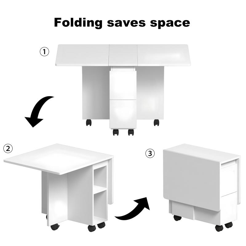 Folding Drop Leaf Dining Table Set for 4 with 4 Chairs, Space Saving Foldable Dining Table with Storage and 6 Wheels, 47.2 inch D x 23.6 inch W x 30.3 inch H, White