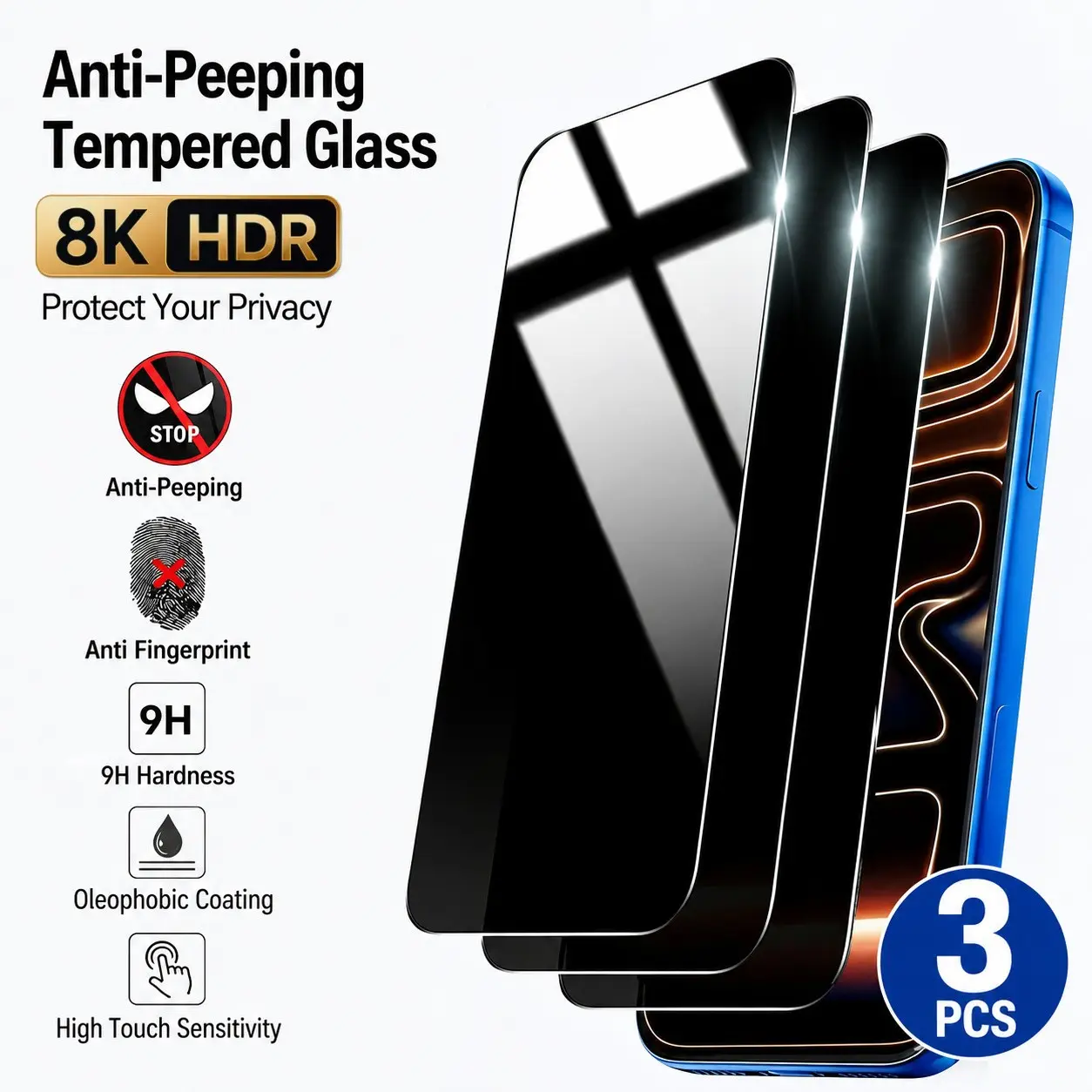 Three-Pack 8k Hdr Anti-Spy Tempered Glass Screen Protector for iPhone X/XS/XR/11/12/13/14/15/16/17 Pro/pro Max, 9h Hardness, Privacy Protection
