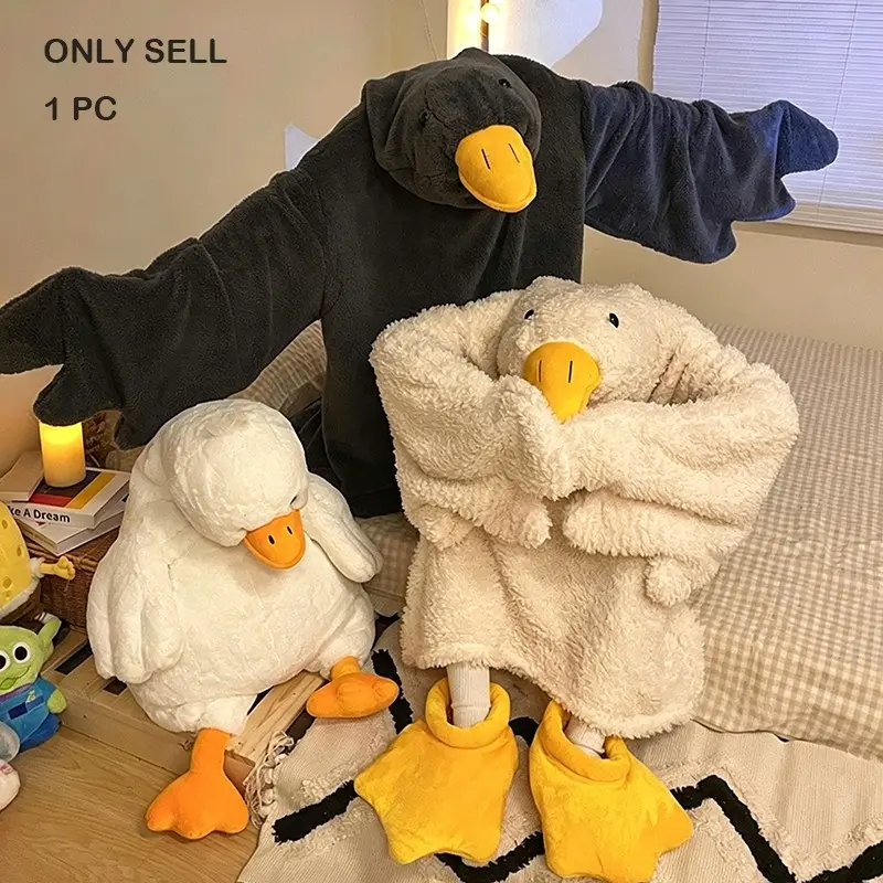 Men Women Goose Onesie Pajamas, Fluffy Coral Fleece Oversized Duck Hooded Sleep Gown, Cute Funny Social Anxiety Cosplay Costume for Halloween and Family Party, Winter Thick Warm Matching Couple Loungewear with Duck Feet Slippers