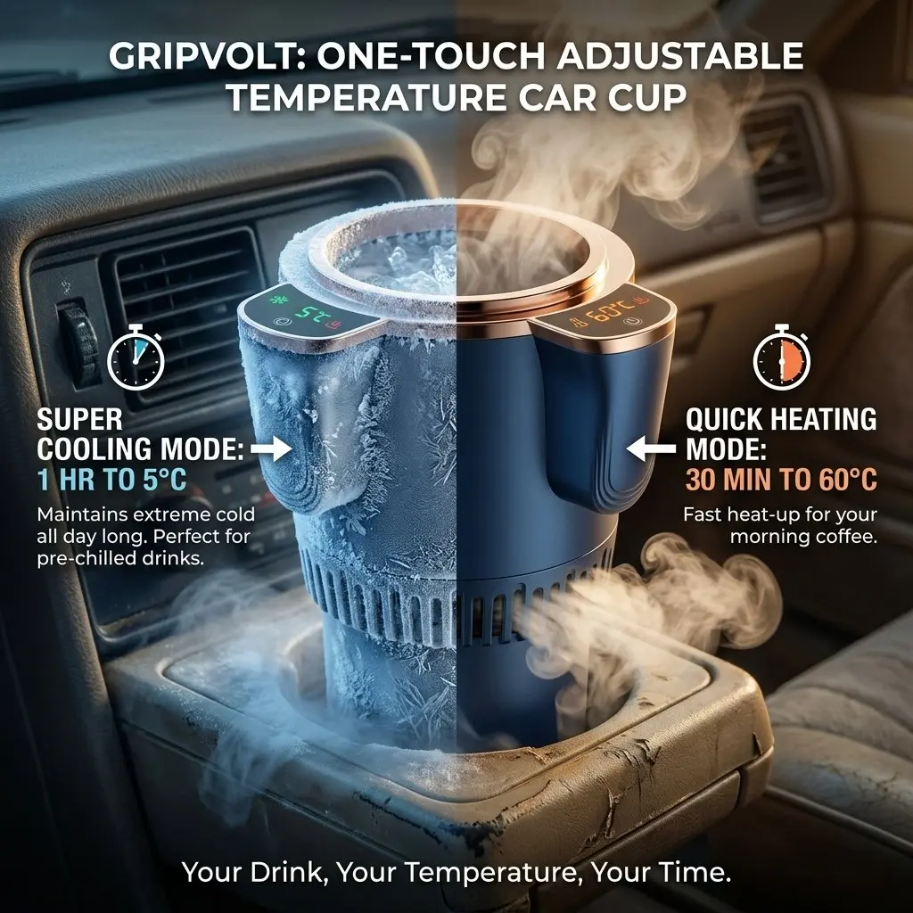 Gripvolt 12V drink chiller machine, Drinking Gadgets, Smart Car Cup Holder Cooler and Warmer, 12 oz Beverage Heating & Cooling Mug with Touch Screen, Includes Aluminum Cup & Straw - Ideal for Road Trips, Commute, Coffee & Baby Milk