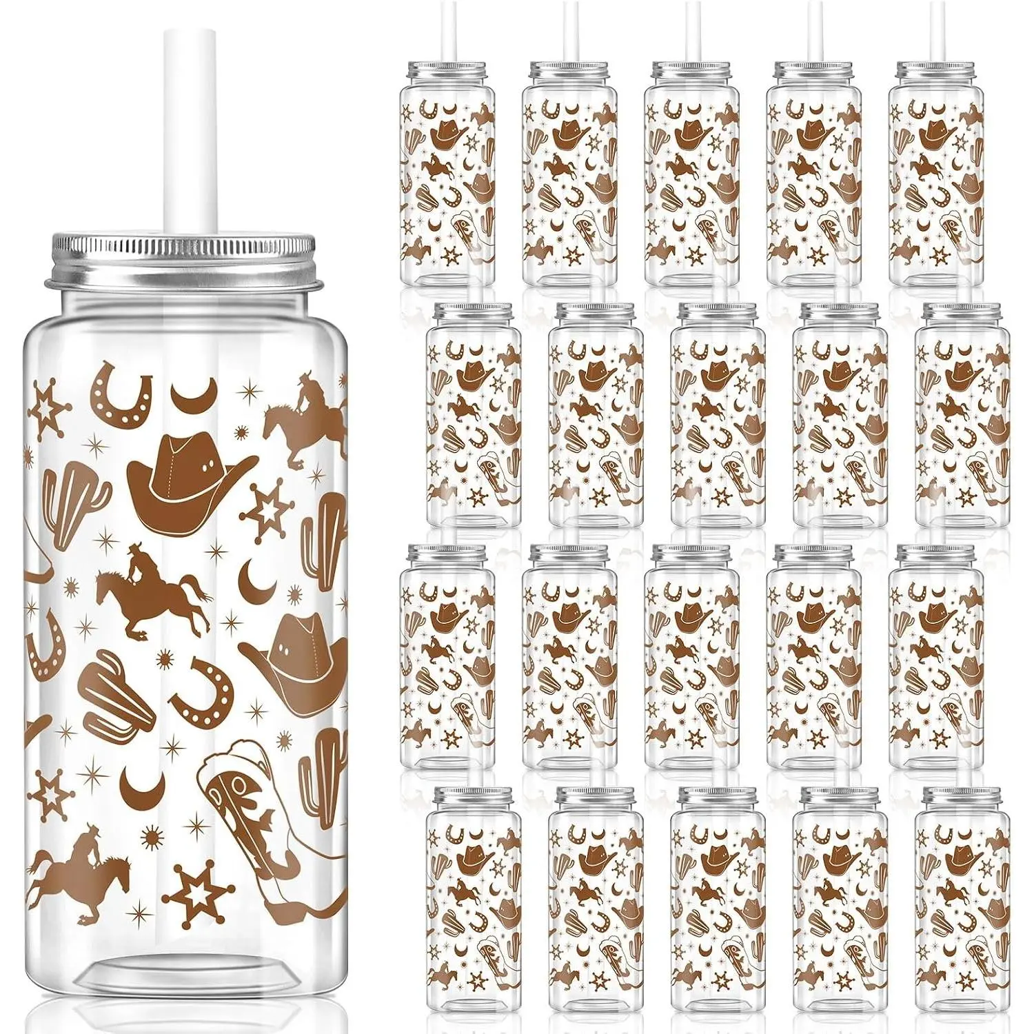 Hxezoc 20 Pack Plastic Western Cowboy Cups with Lid and Straw Clear Reusable Party Plastic Cups 14.2 oz Cowboy Party Gifts for Western Birthday Decoration Supplies