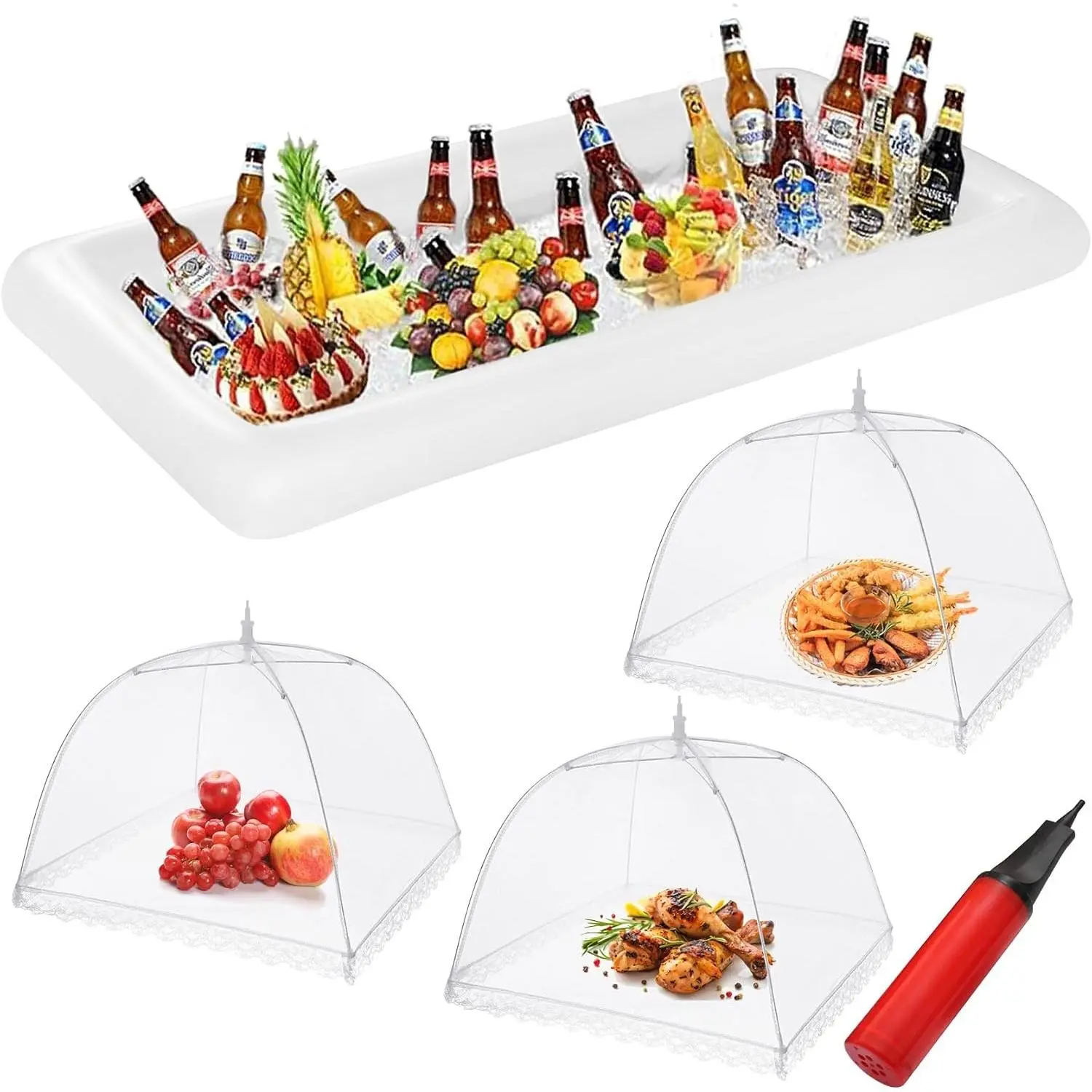 Inflatable Serving Bar & Mesh Food Covers Set, 1 Inflatable Bar, 3 Food Tents, Pool Party Buffet Drink Cooler Ice Tray Food Drink Containers for Pool Garden Party